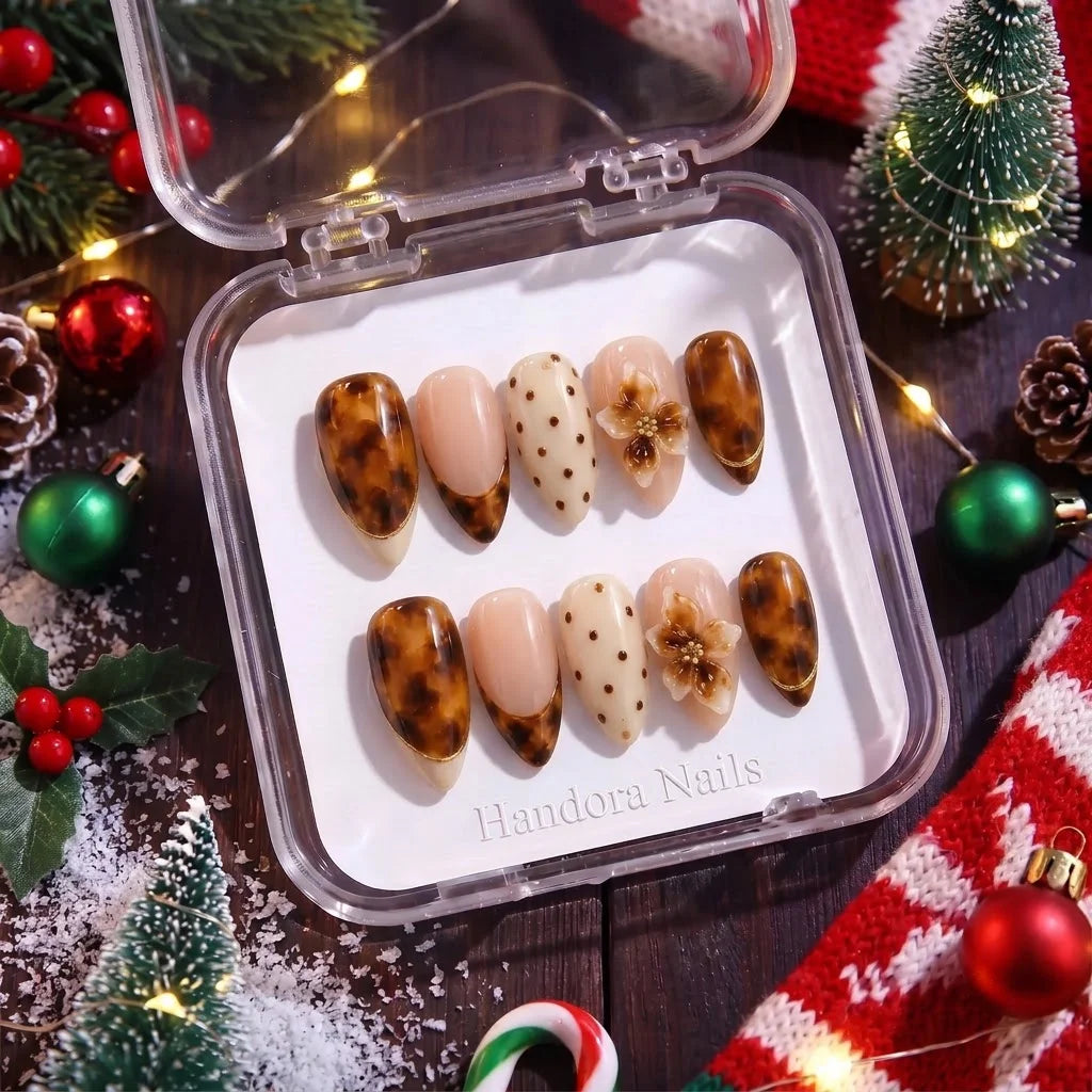 Tortoise Petals winter press-on nails - in display box by Handora Nails