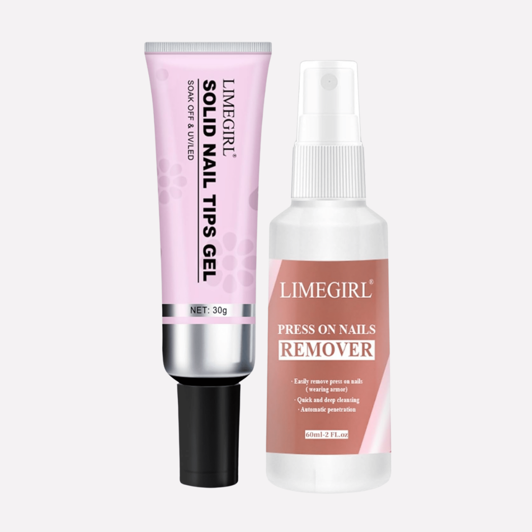 2in1 Nail Glue Pro Kit: LIMEGIRL Solid Nail Tips Gel and Press On Nails Remover spray
