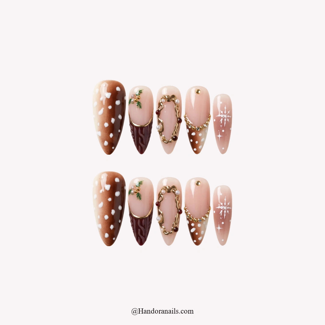 Velvet Fawn Christmas press-on nails - white background by Handora Nails