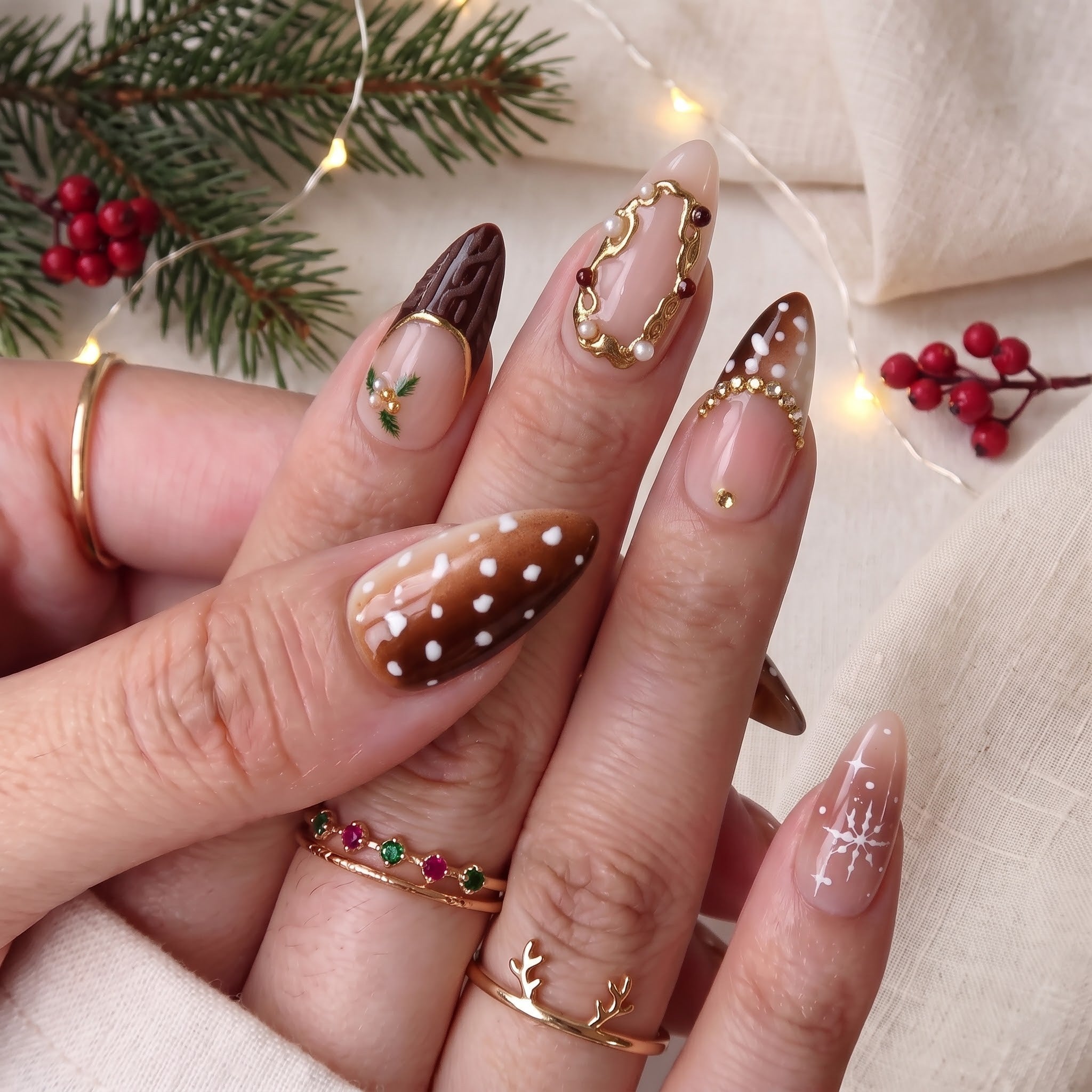 Velvet Fawn Christmas press-on nails - design view 4 by Handora Nails
