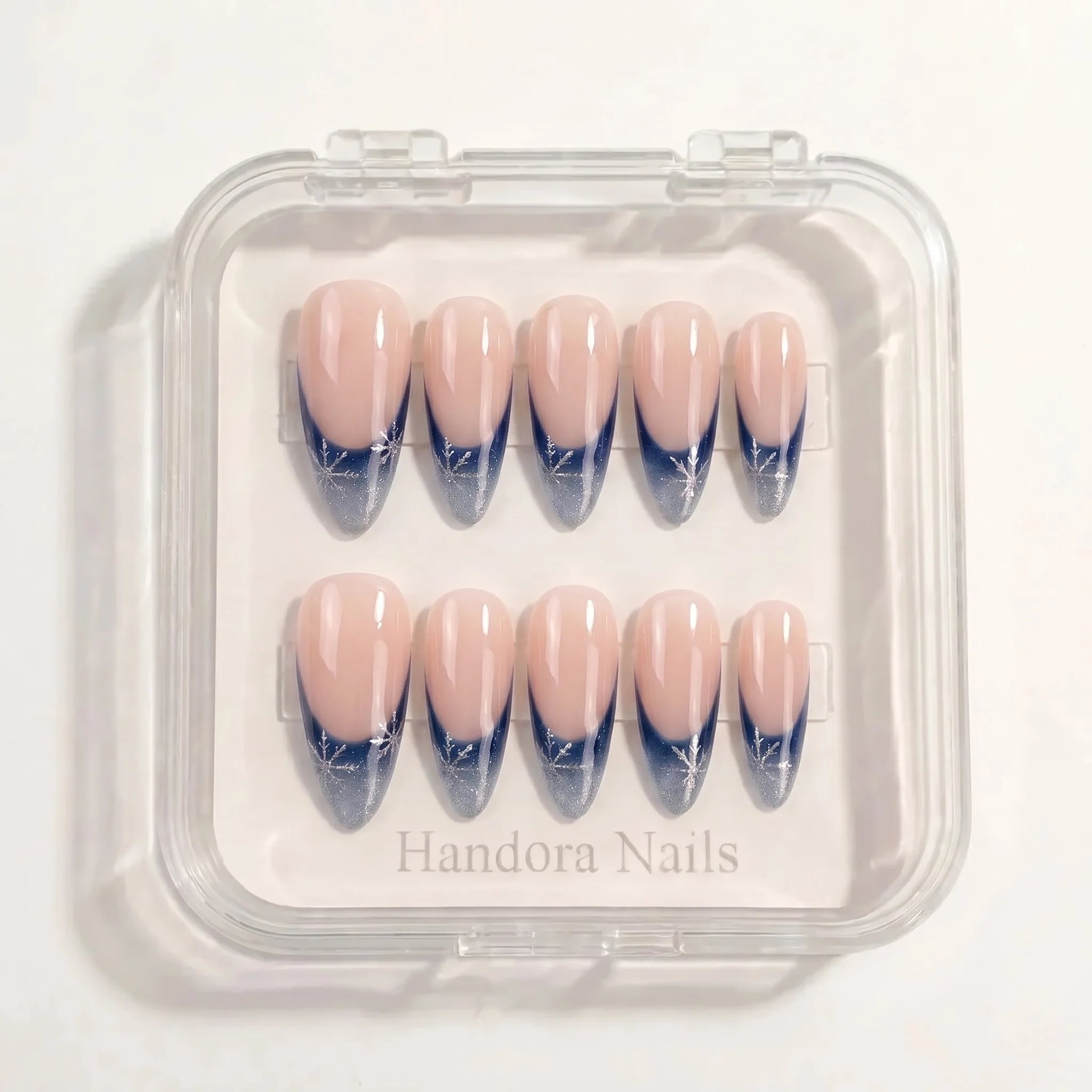 Winter Midnight snowflake press-on nails – white background by Handora Nails