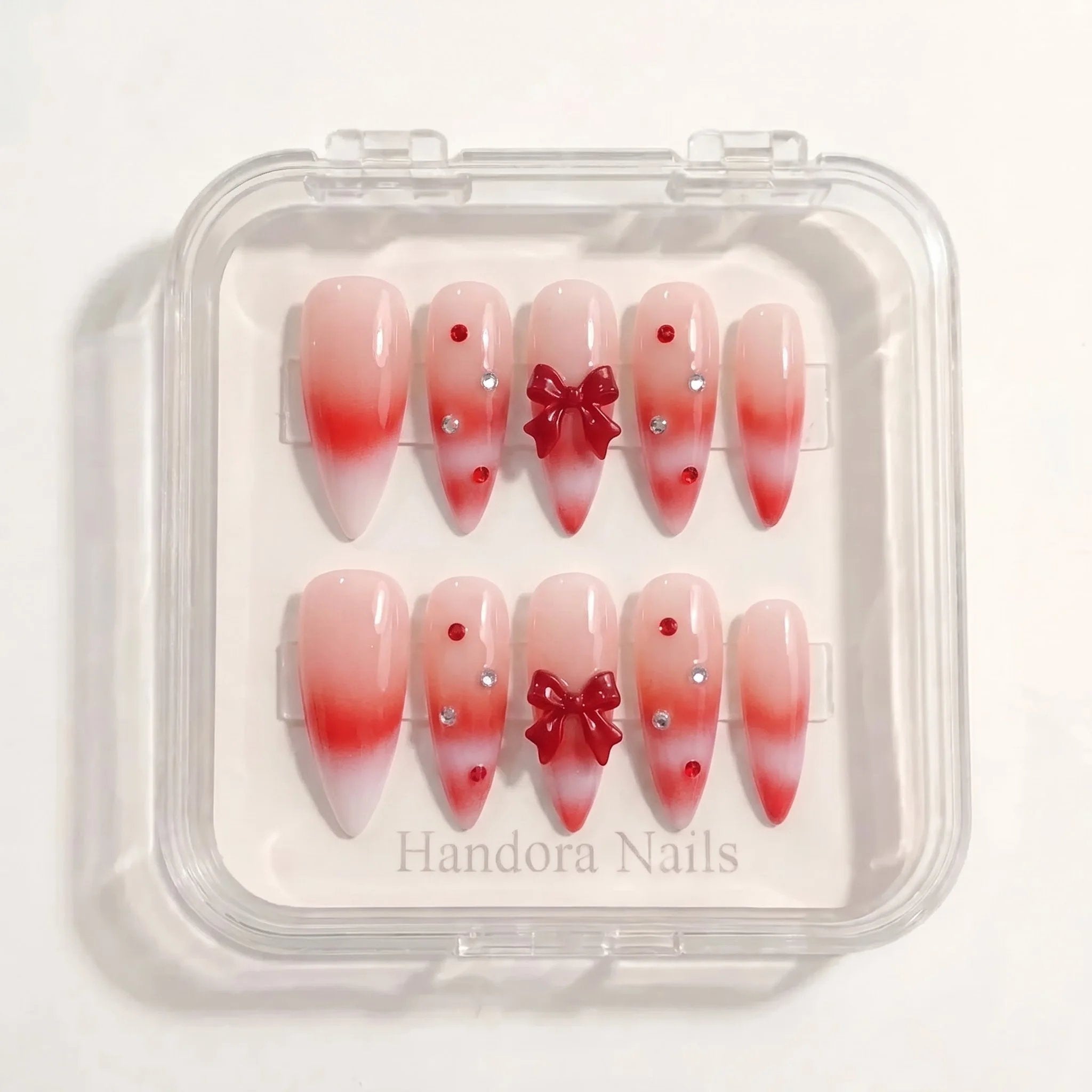 Woolen Bow christmas press-on nails – white background by Handora Nails