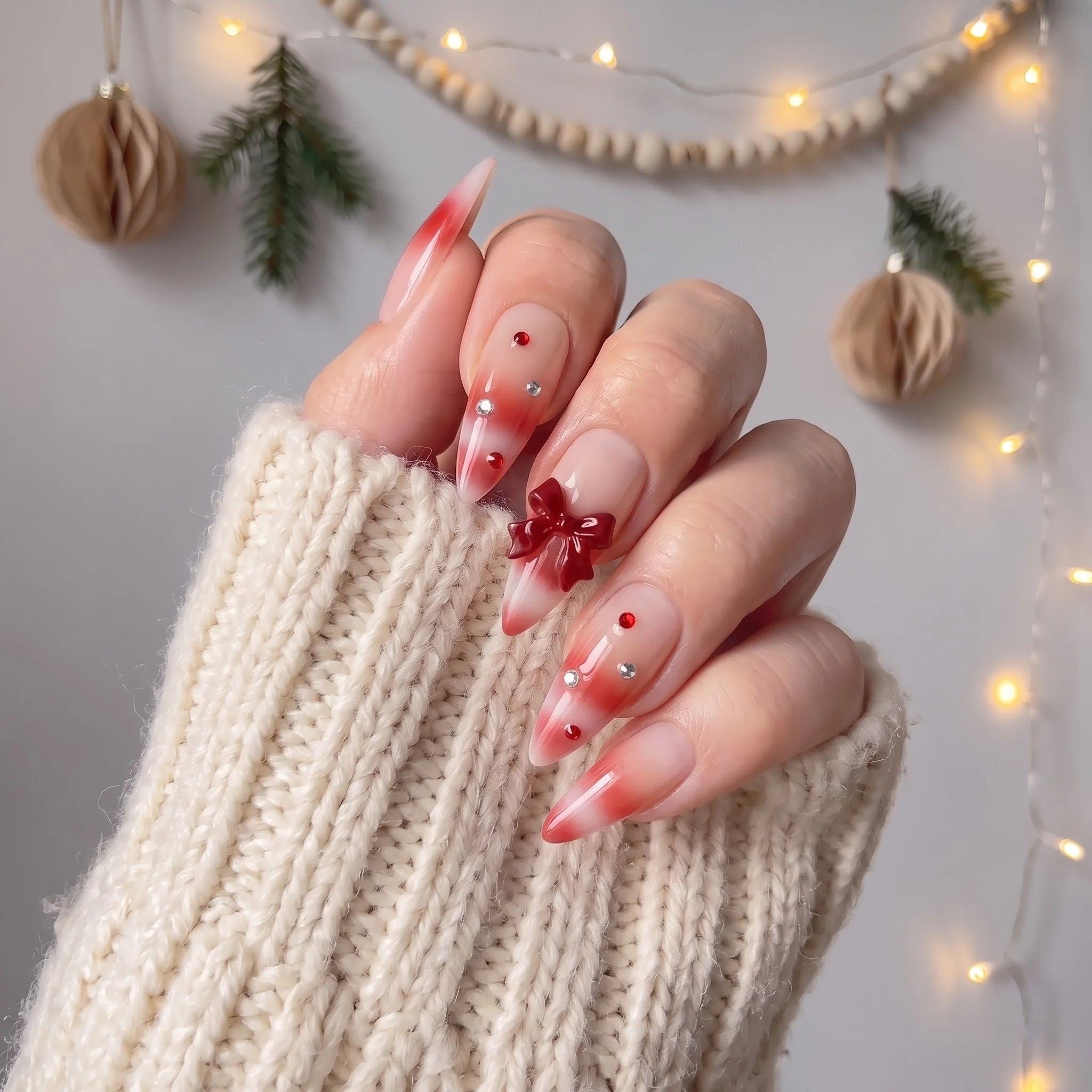Woolen Bow christmas press-on nails – on hand by Handora Nails