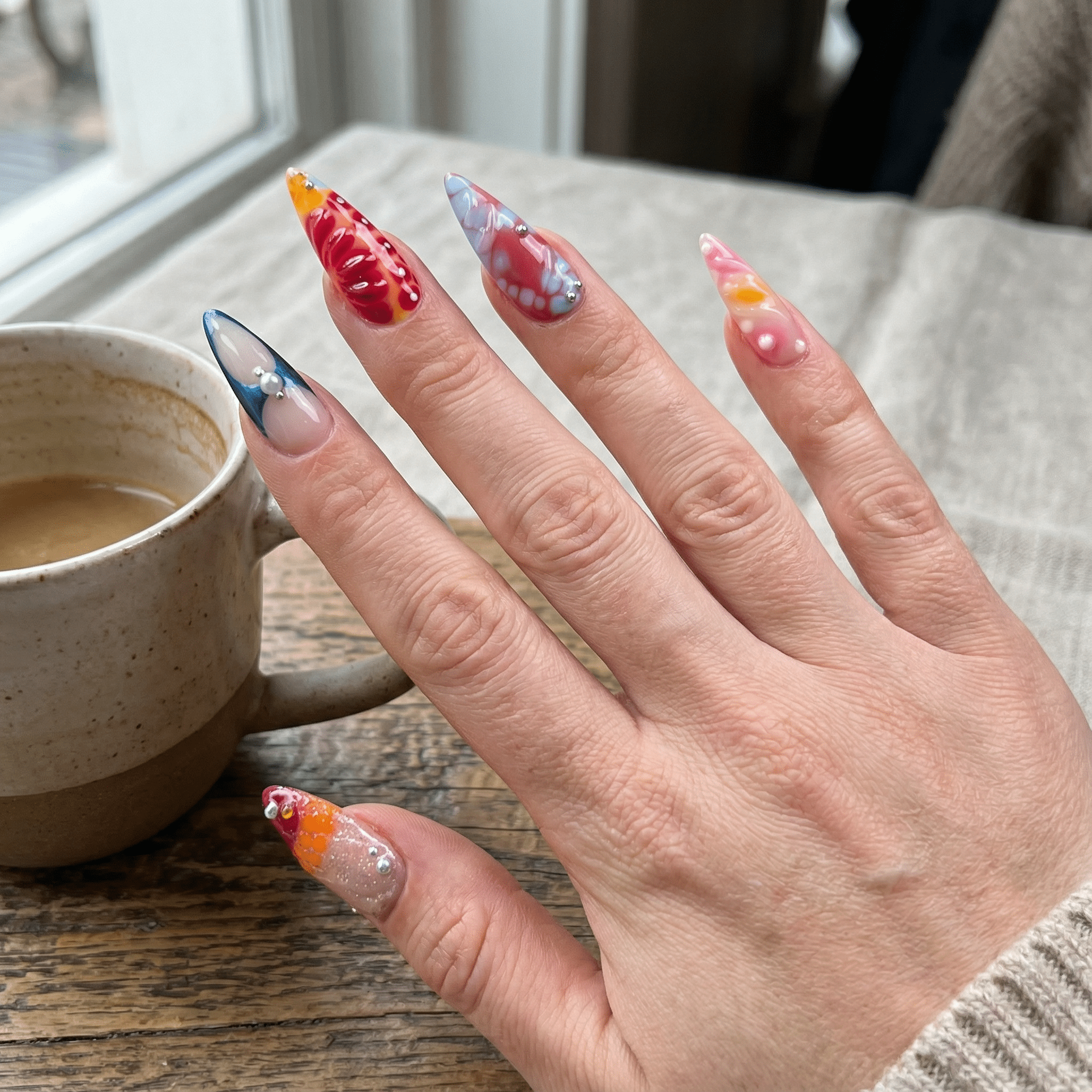 Abstract Bloom crystal nail design – handmade press-on nails by Handora