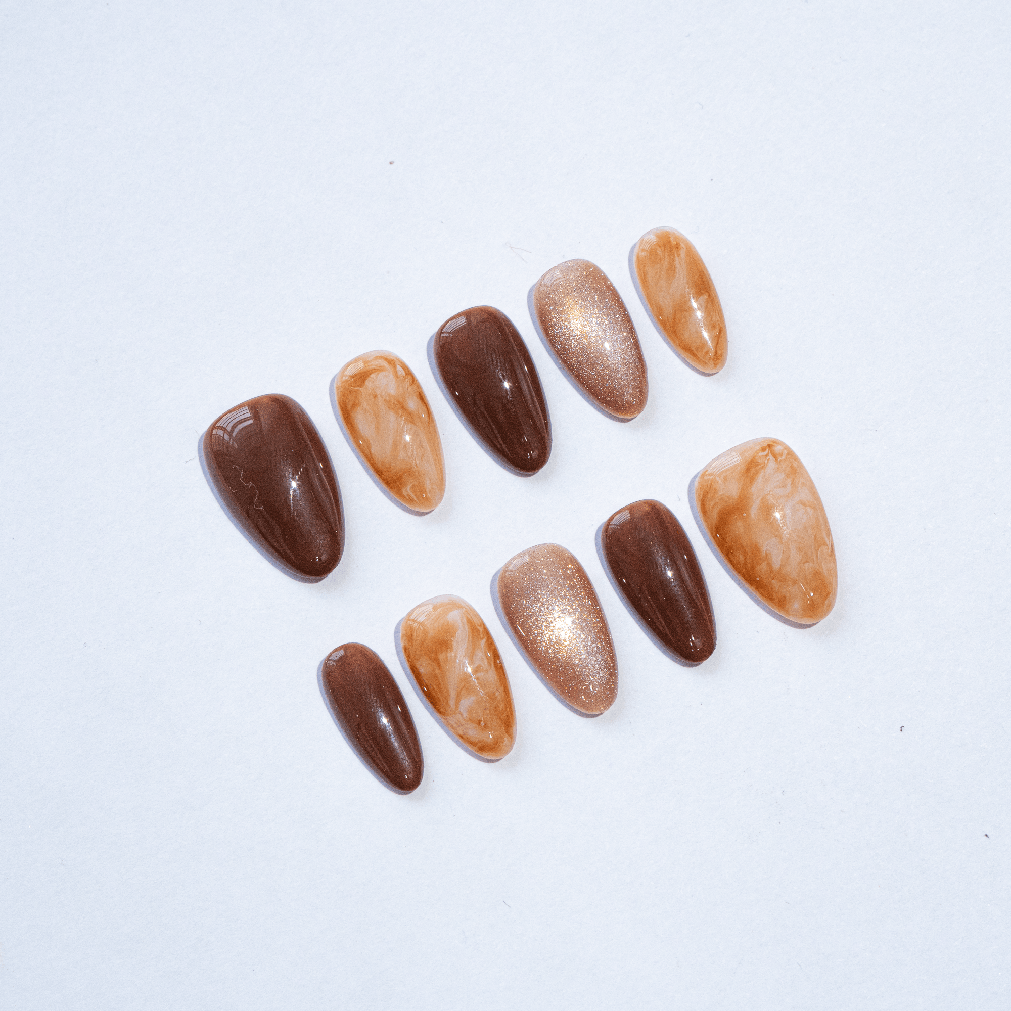 Amber Espresso press-on nails – design close-up by Handora
