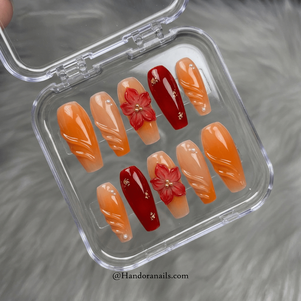 Amber Flare floral nail design – handmade press-on nails by Handora