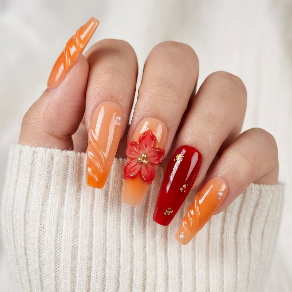 Amber Flare press-on nails worn on hand – coffin shape by Handora