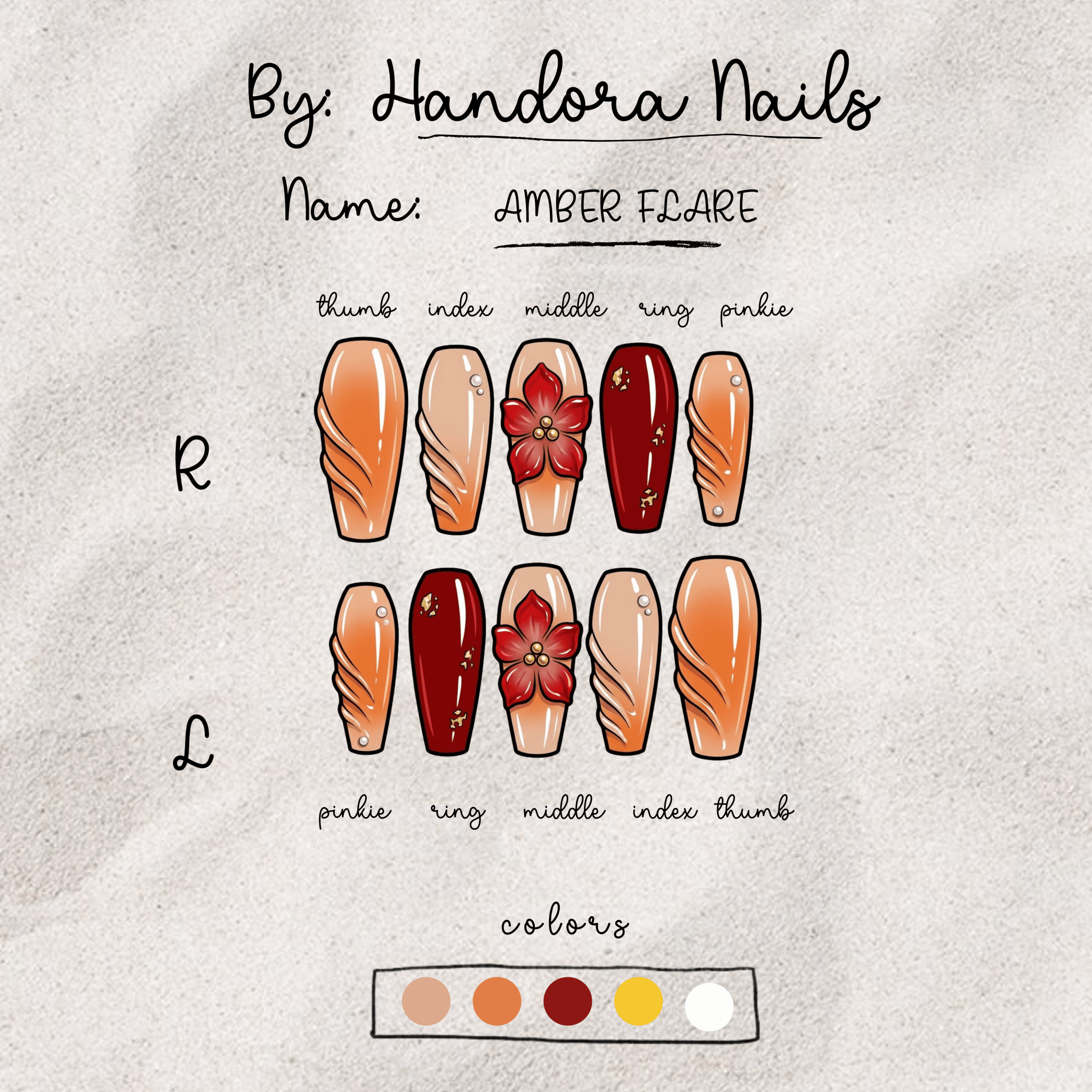 Amber Flare press-on nails – hand-painted reusable gel set by Handora