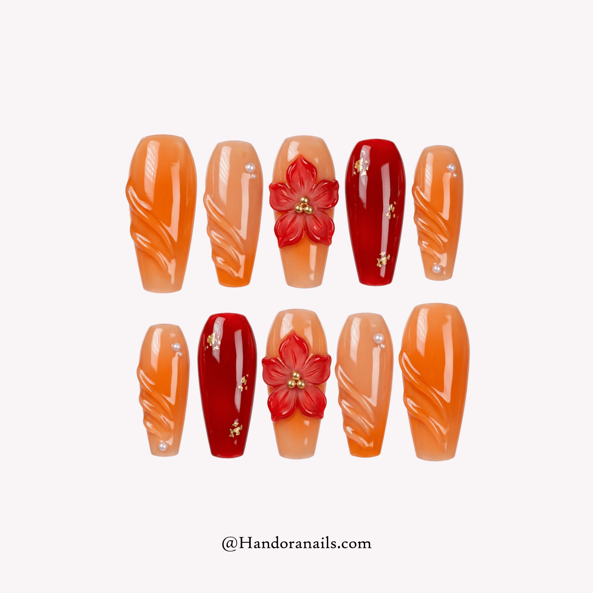 Amber Flare coffin floral press-on nails by Handora