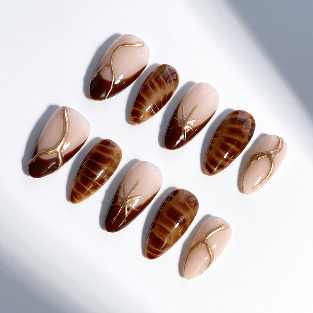 Amber Radiance almond press-on nails – design close-up by Handora