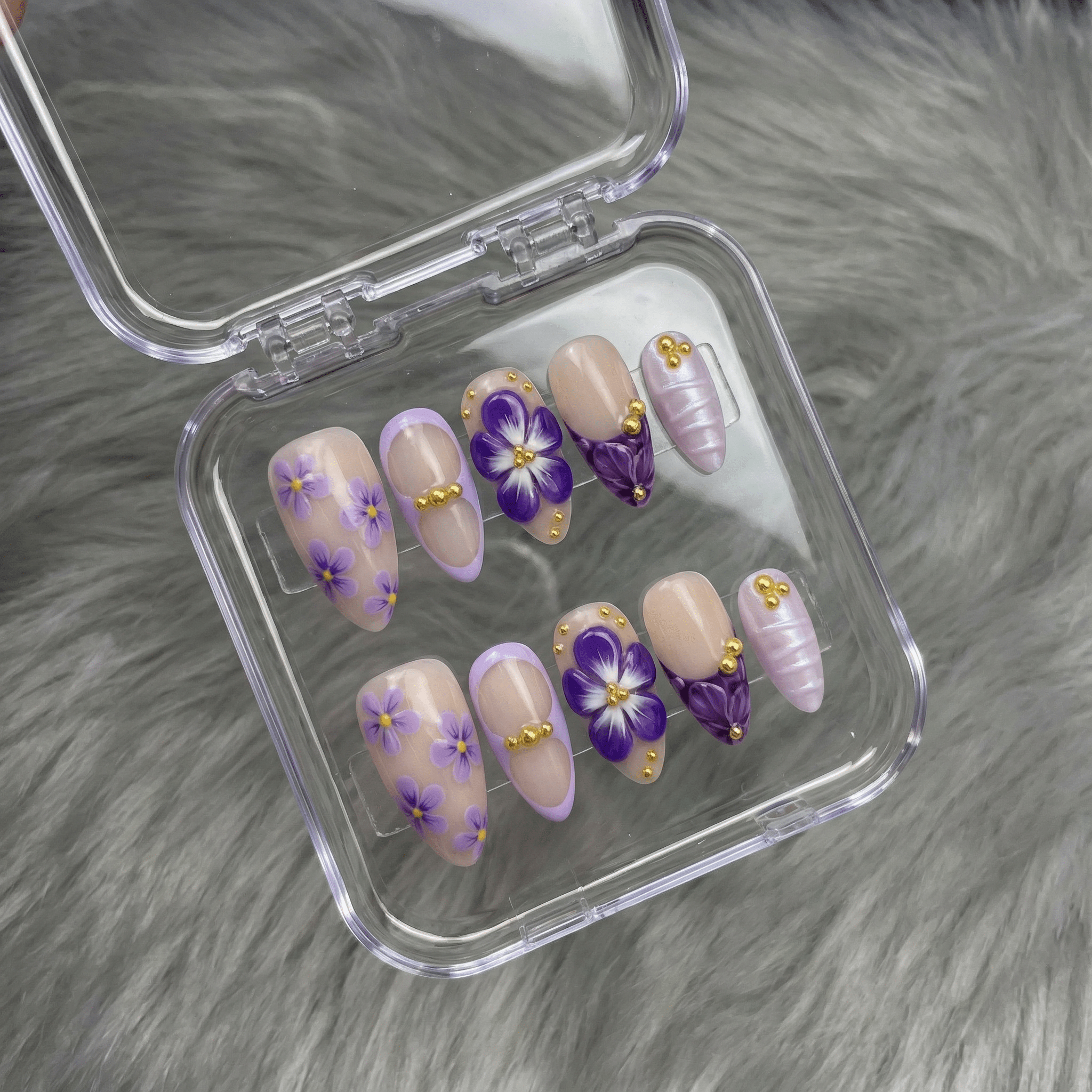 Amethyst Bloom press-on nails – hand-painted reusable gel set by Handora