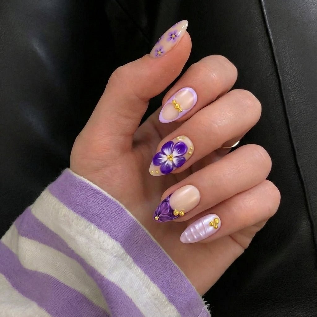 Amethyst Bloom press-on nails – design close-up by Handora