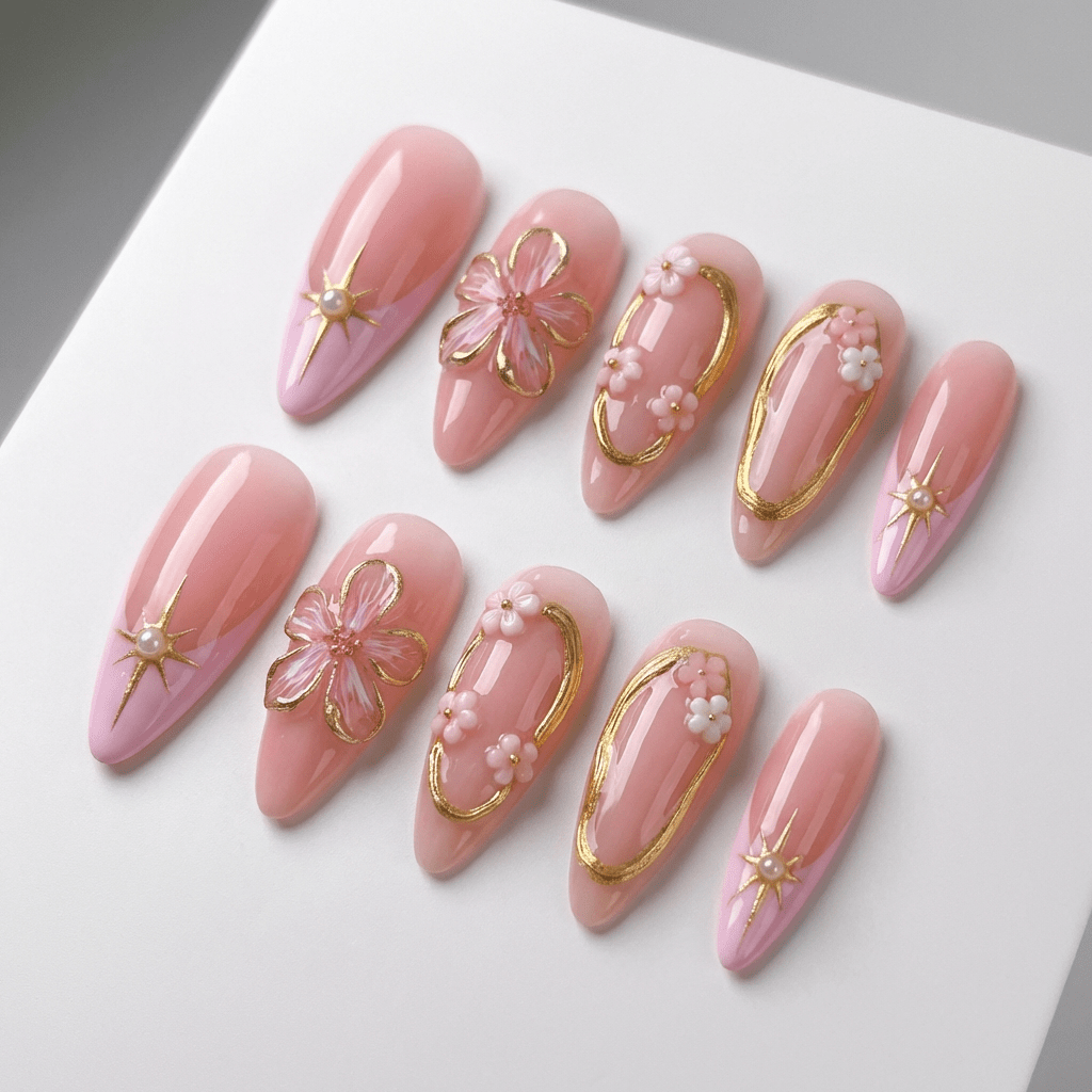 Amethyst Stars stiletto press-on nails – design close-up by Handora