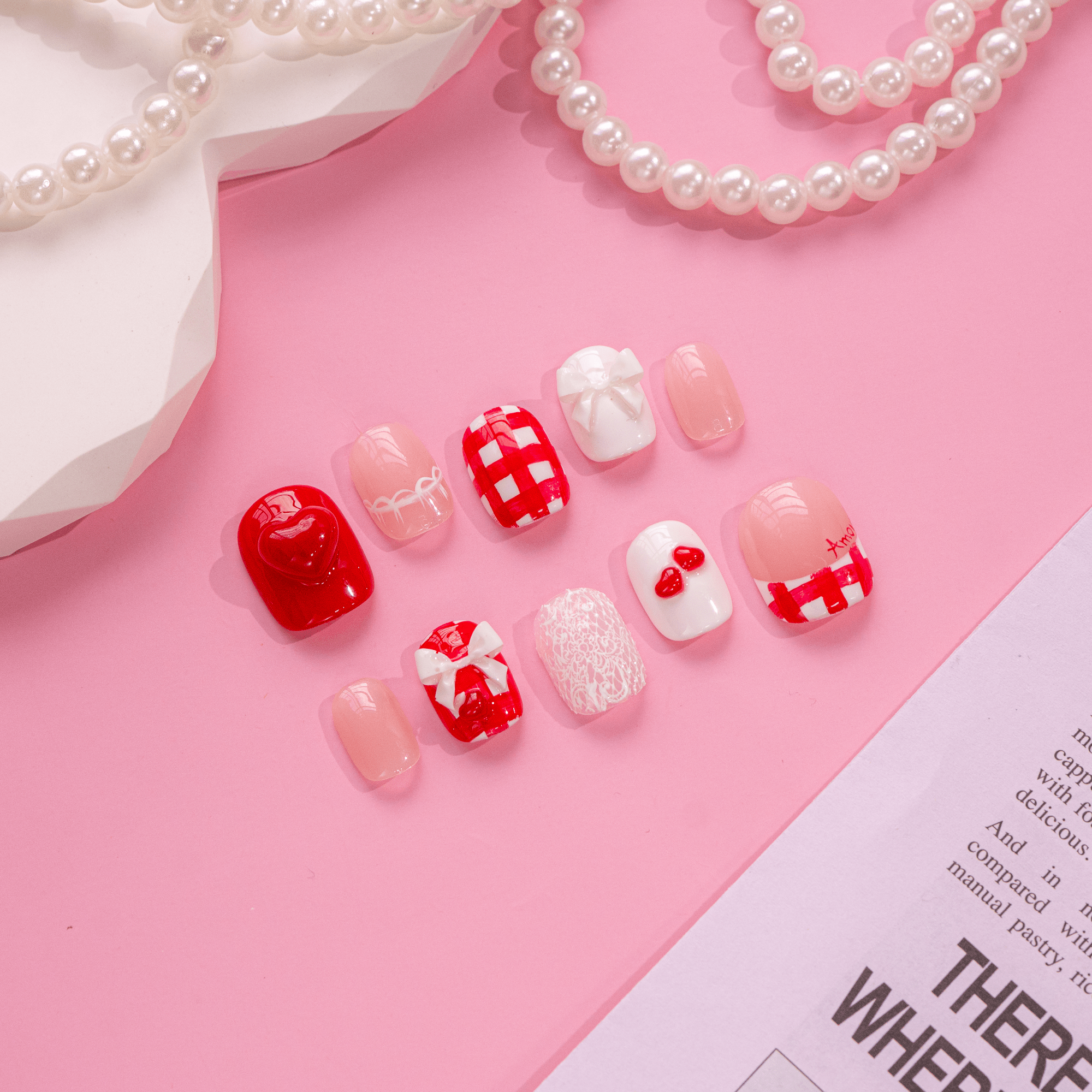 Amour Gingham 3d nail design – handmade press-on nails by Handora