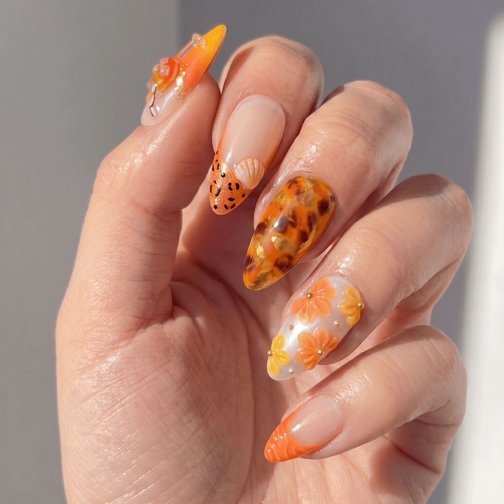 Aperol Spritz french tip nail design – handmade press-on nails by Handora