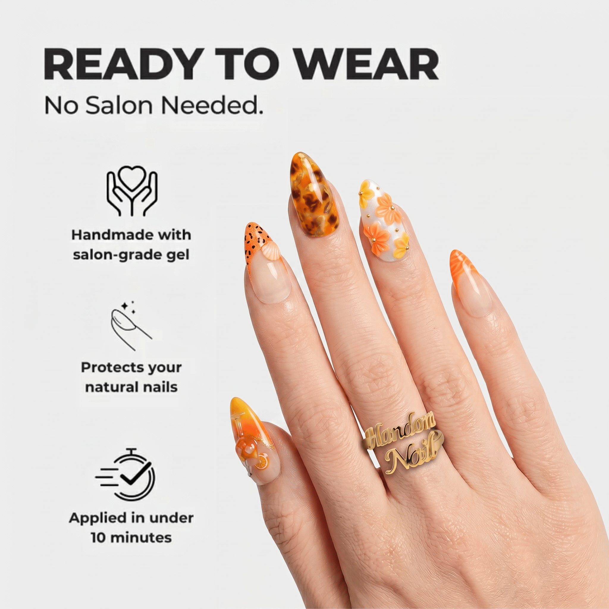 Aperol Spritz press-on nails – design close-up by Handora