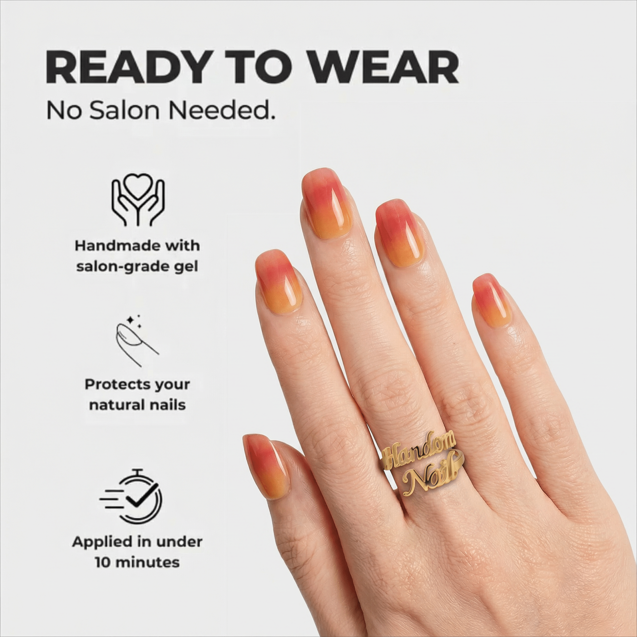 Apple Blush press-on nails worn on hand – almond shape by Handora