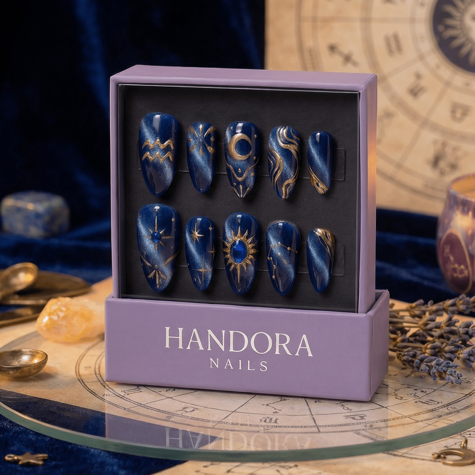 Aqua Cosmic press-on nails – hand-painted reusable gel set by Handora