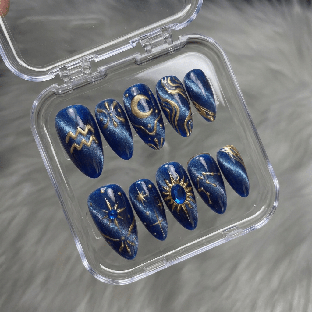Aqua Cosmic press-on nails worn on hand – almond shape by Handora