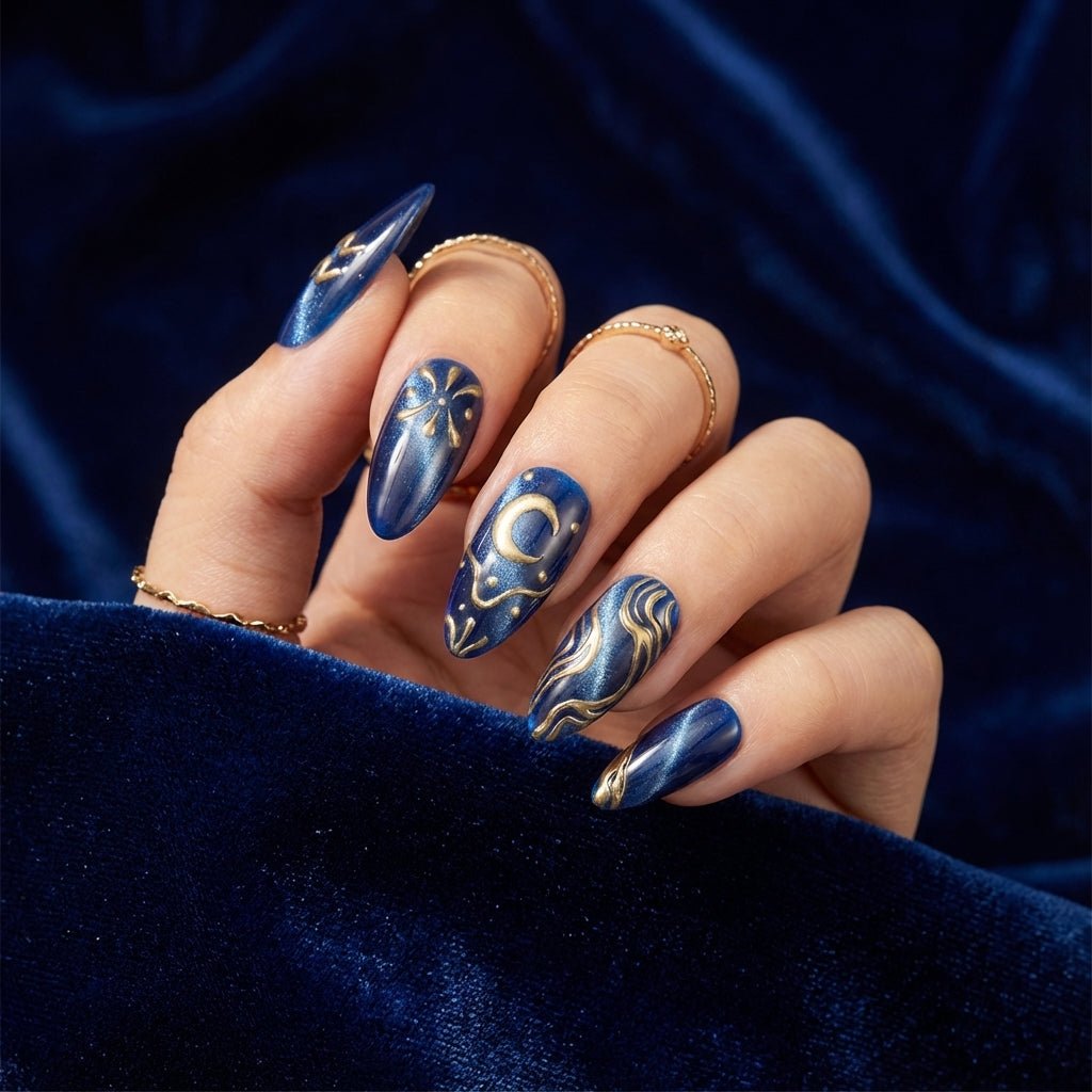 Aqua Cosmic cat eye nail design – handmade press-on nails by Handora