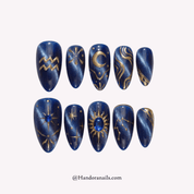 Aqua Cosmic press-on nails – design close-up by Handora