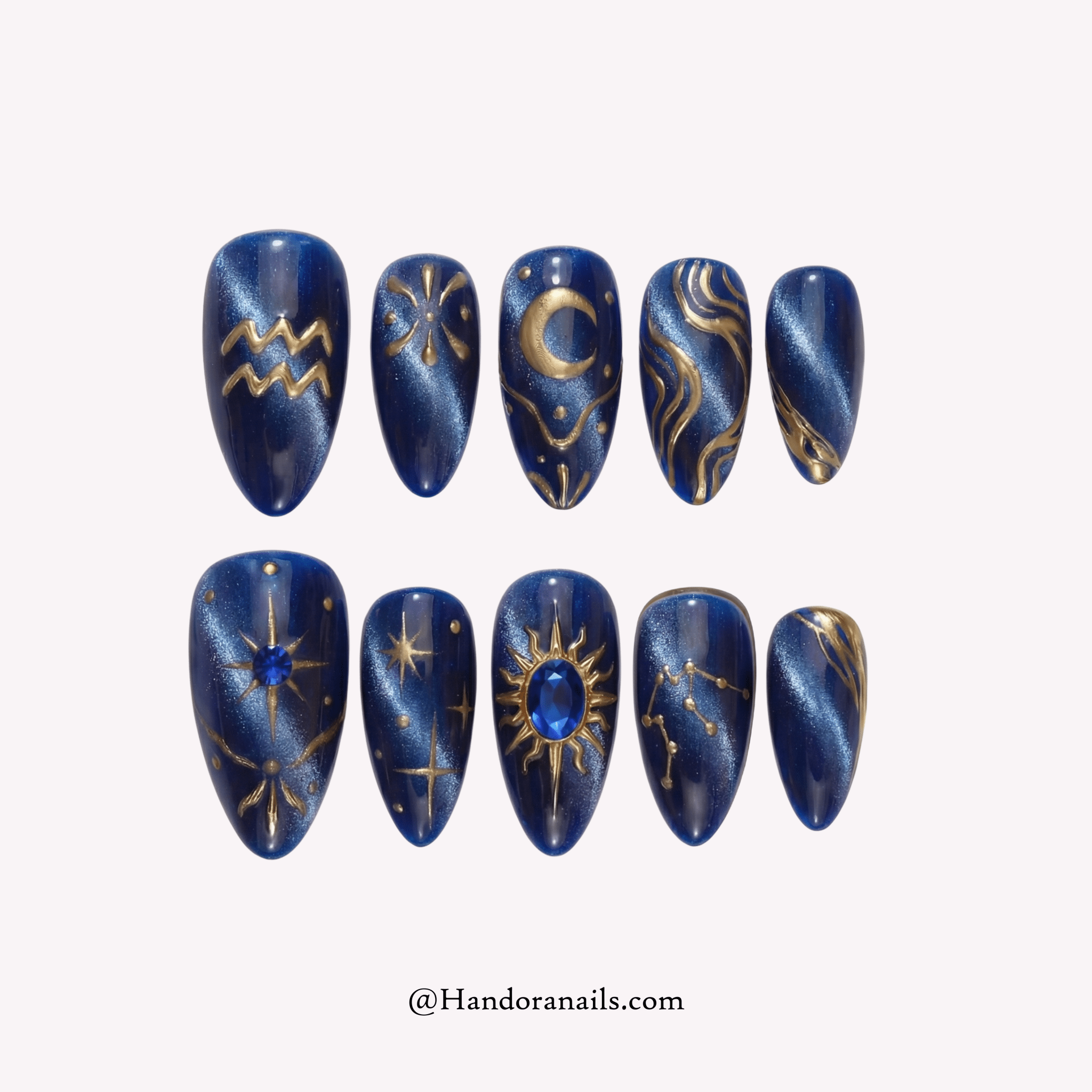 Aqua Cosmic press-on nails – design close-up by Handora