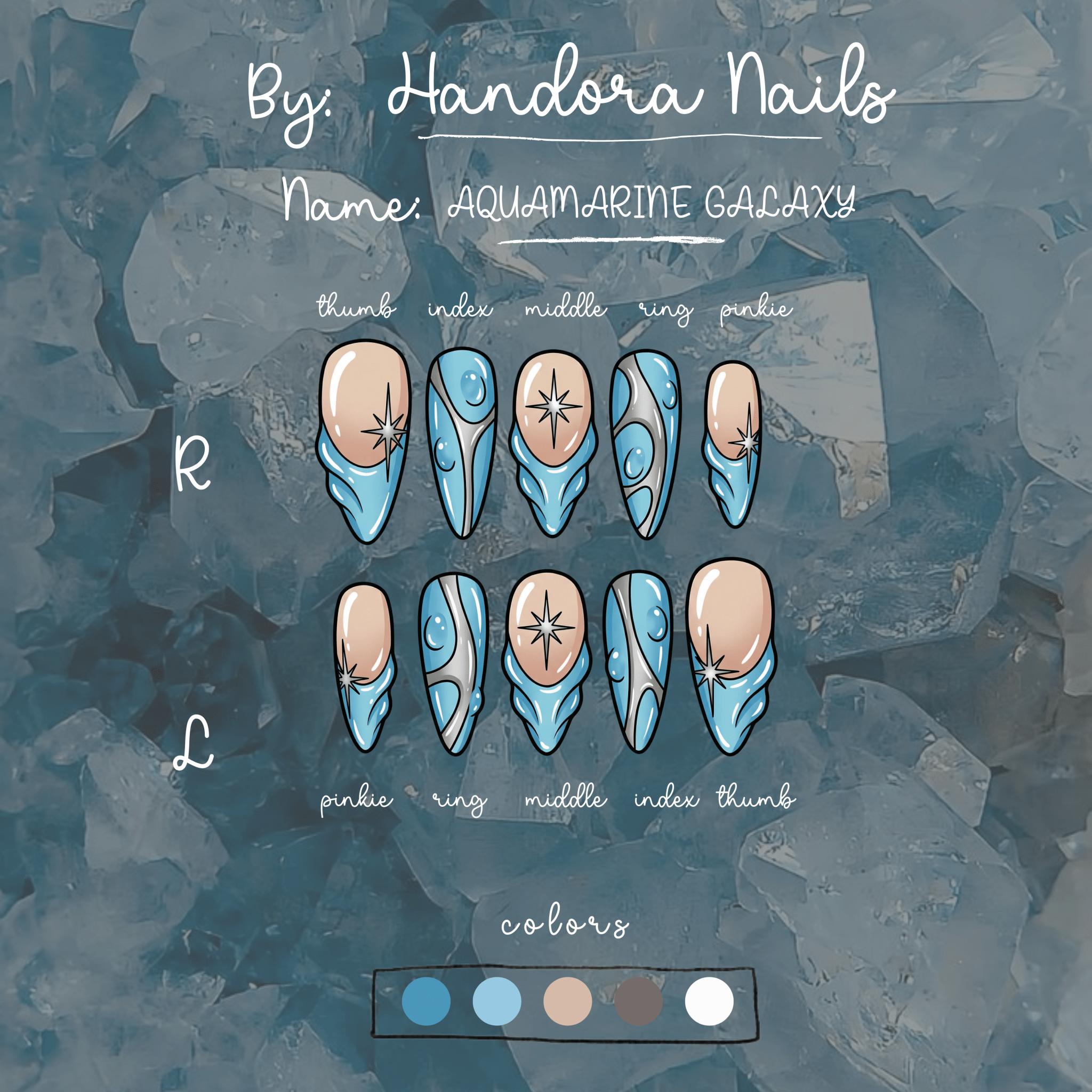 Aquamarine Galaxy almond press-on nails – design close-up by Handora