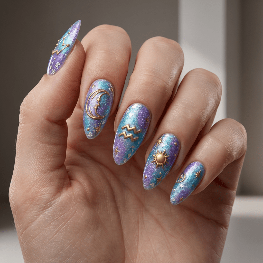 Aquarius Aura press-on nails – hand-painted reusable gel set by Handora
