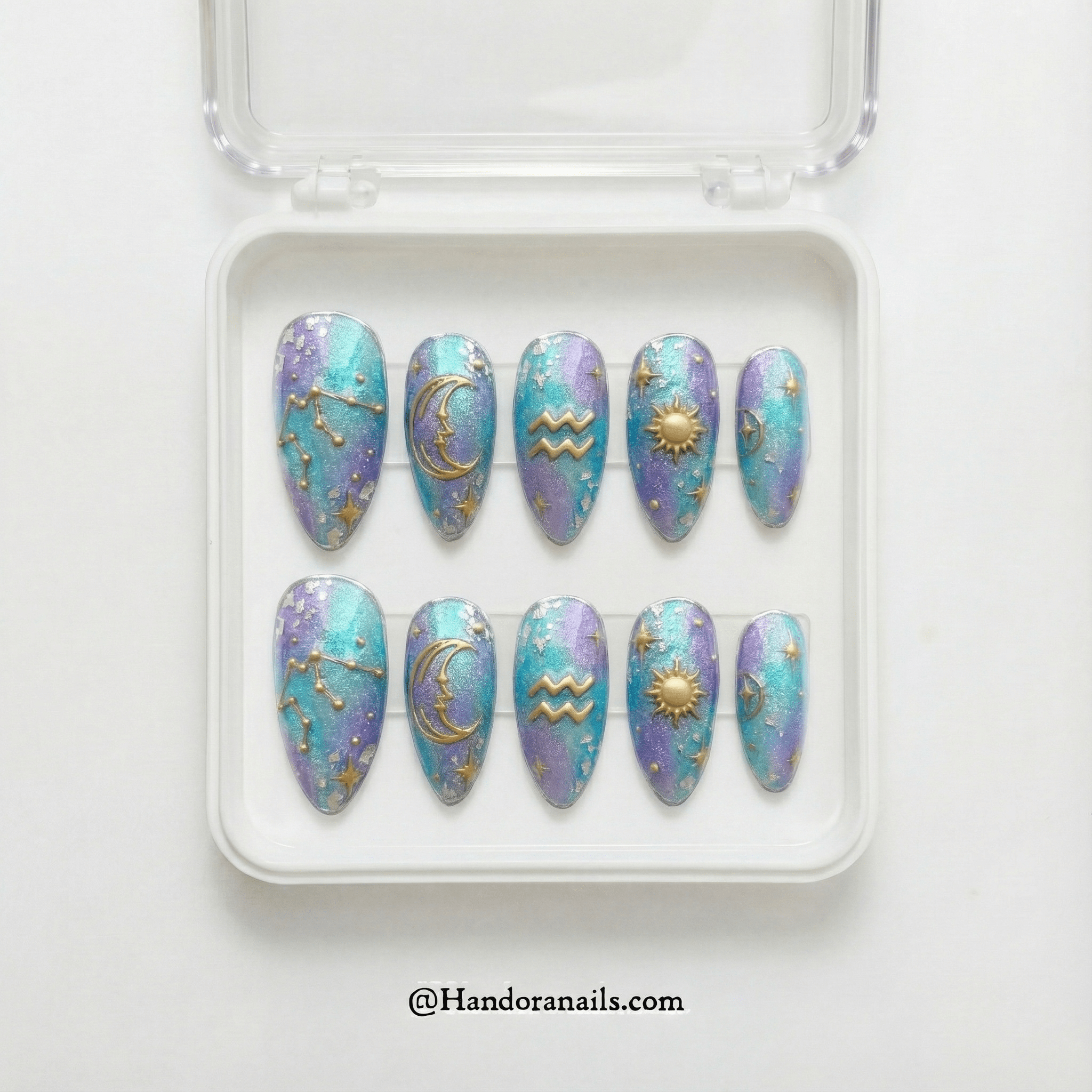 Aquarius Aura press-on nails worn on hand – almond shape by Handora