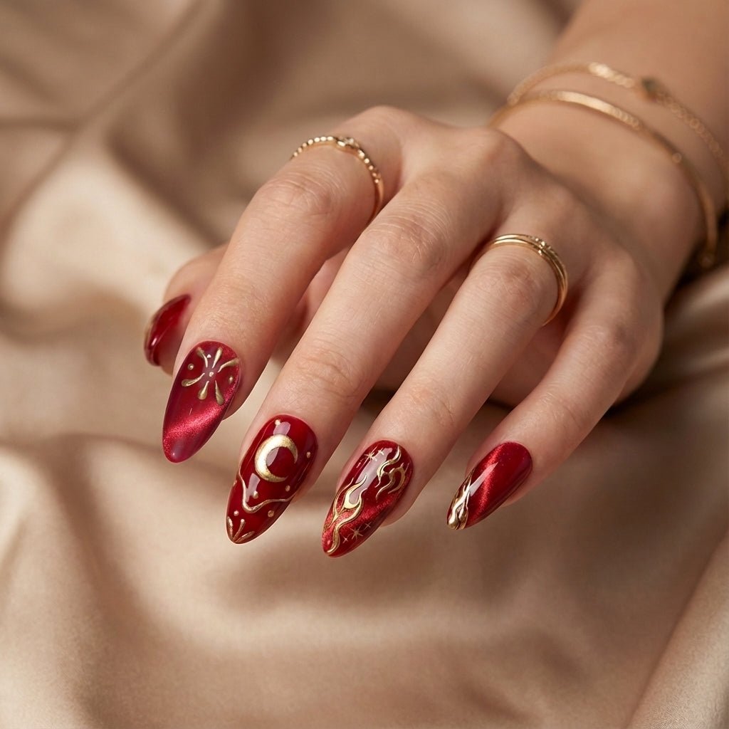 Aries Queen press-on nails worn on hand – almond shape by Handora