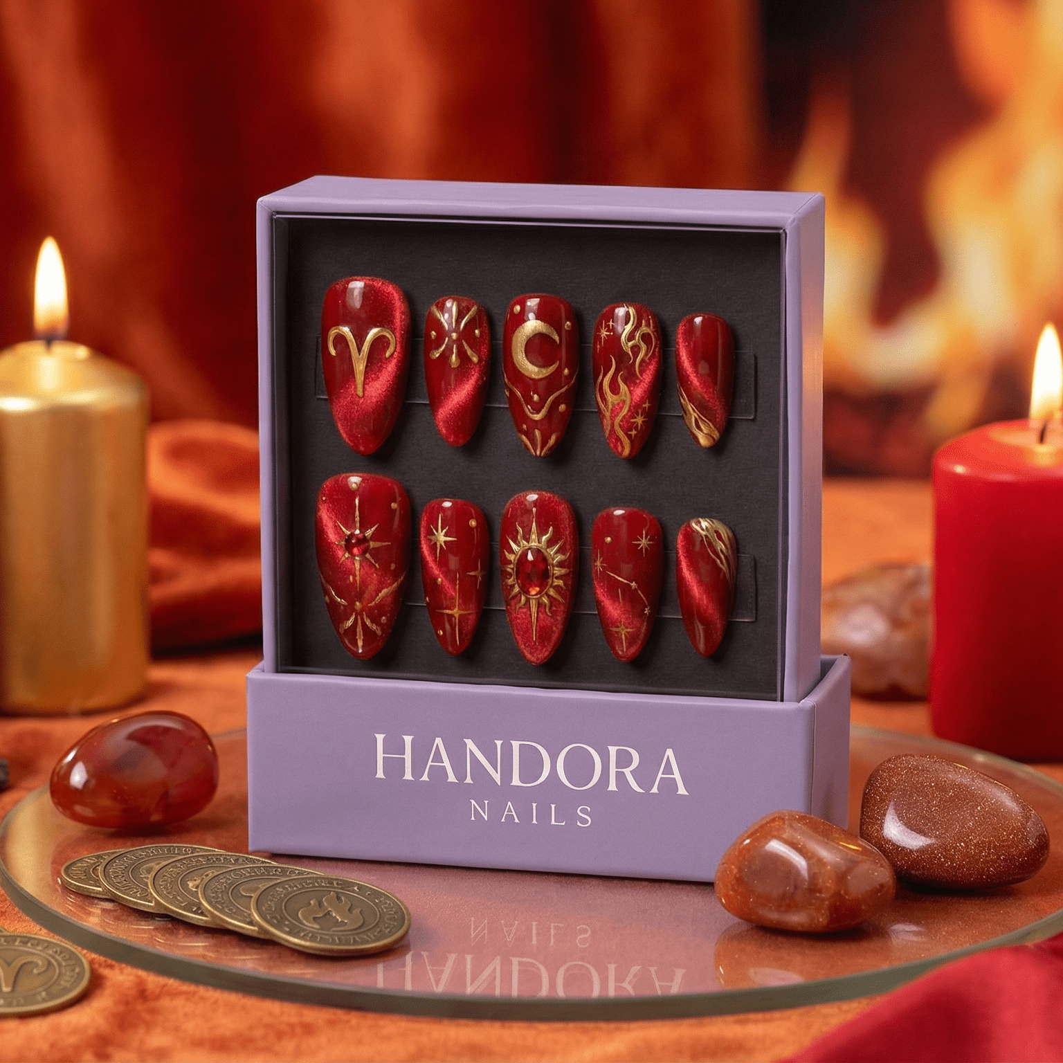 Aries Queen press-on nails – hand-painted reusable gel set by Handora
