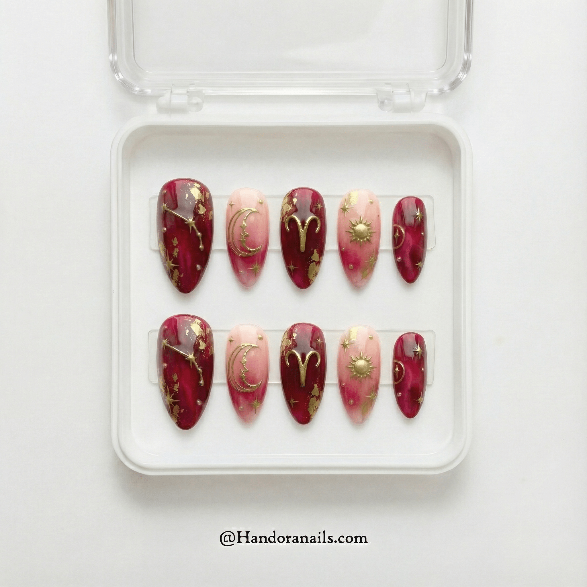 Aries Radiant press-on nails worn on hand – almond shape by Handora