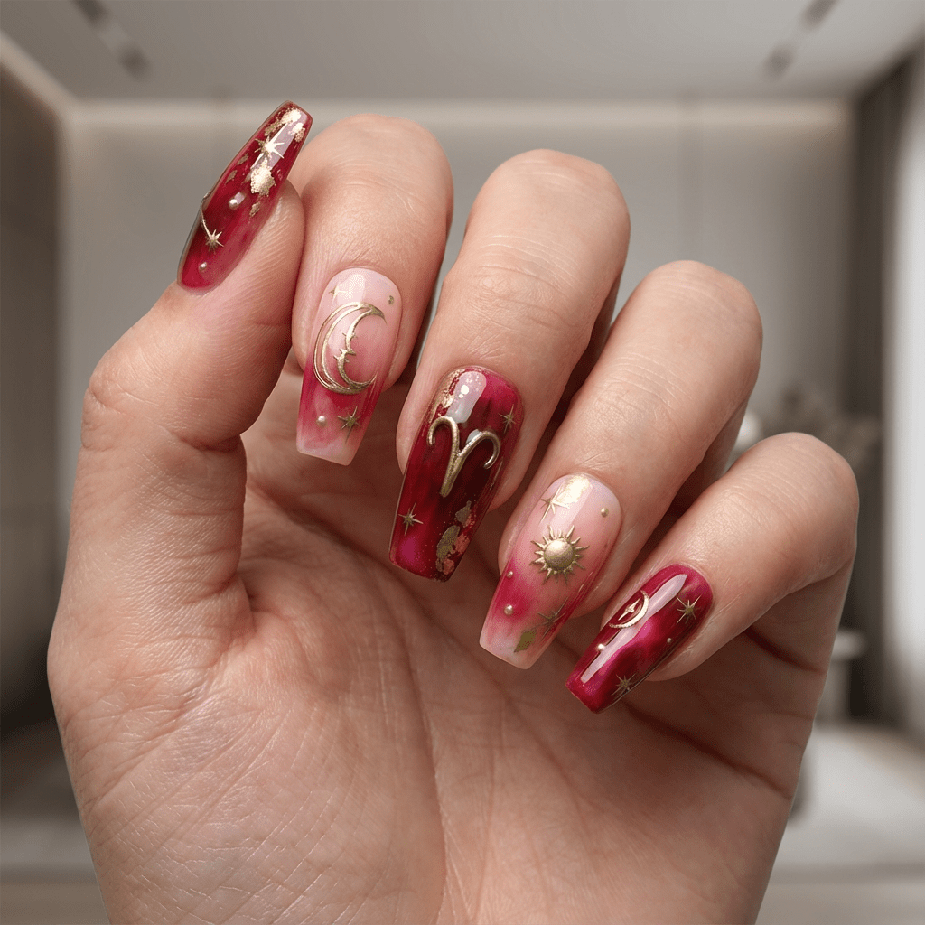 Aries Radiant 3d nail design – handmade press-on nails by Handora