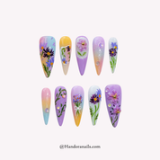 Aster Bloom almond floral press-on nails by Handora