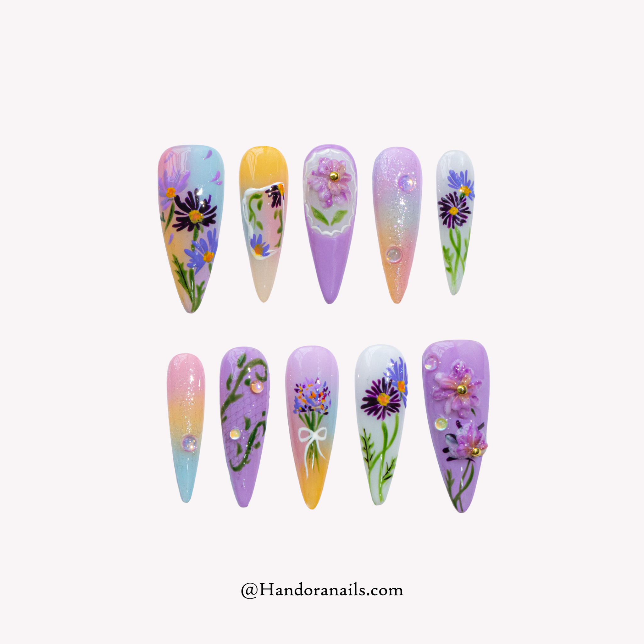 Aster Bloom almond floral press-on nails by Handora