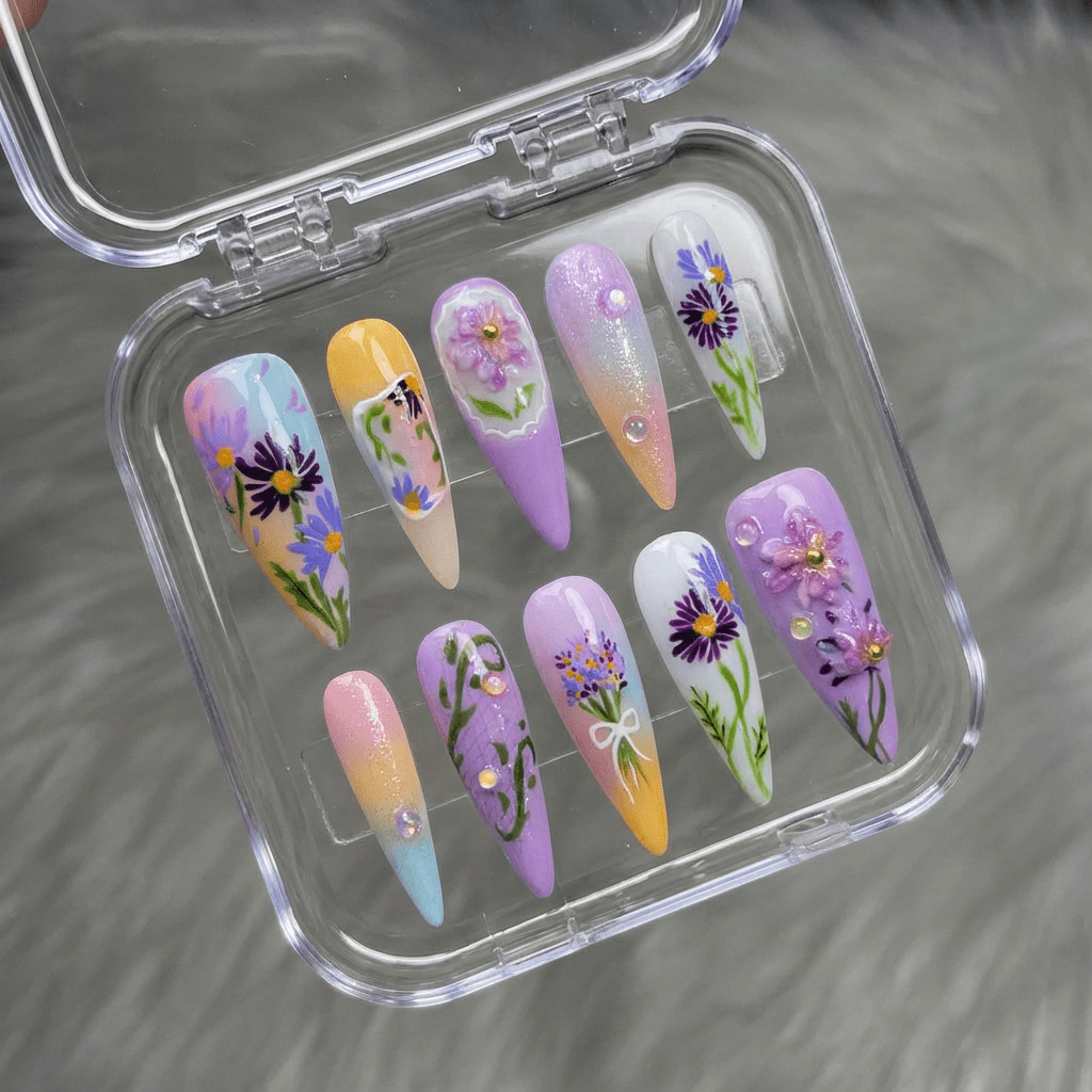Aster Bloom almond press-on nails – design close-up by Handora