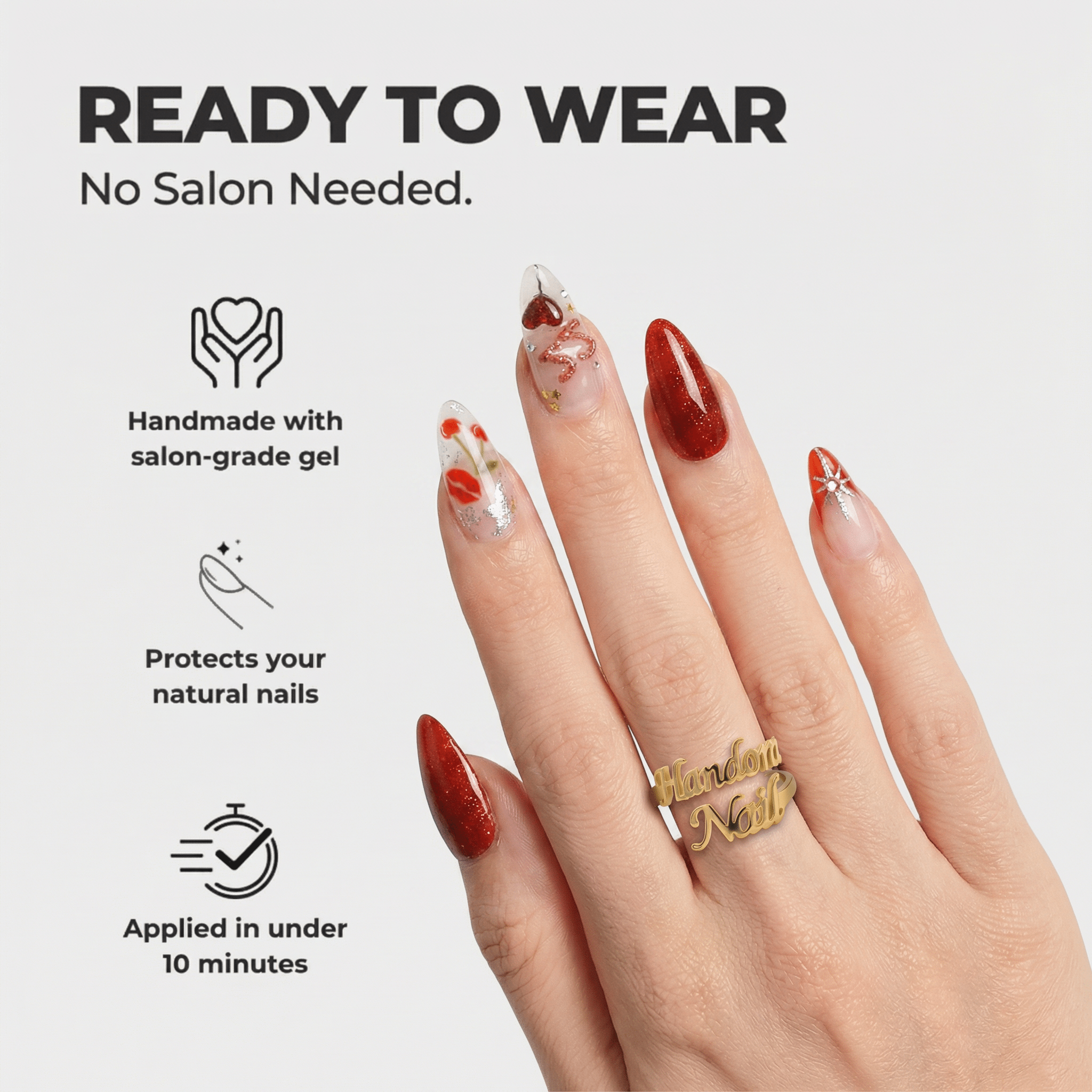 Autumn Leaves almond press-on nails – design close-up by Handora
