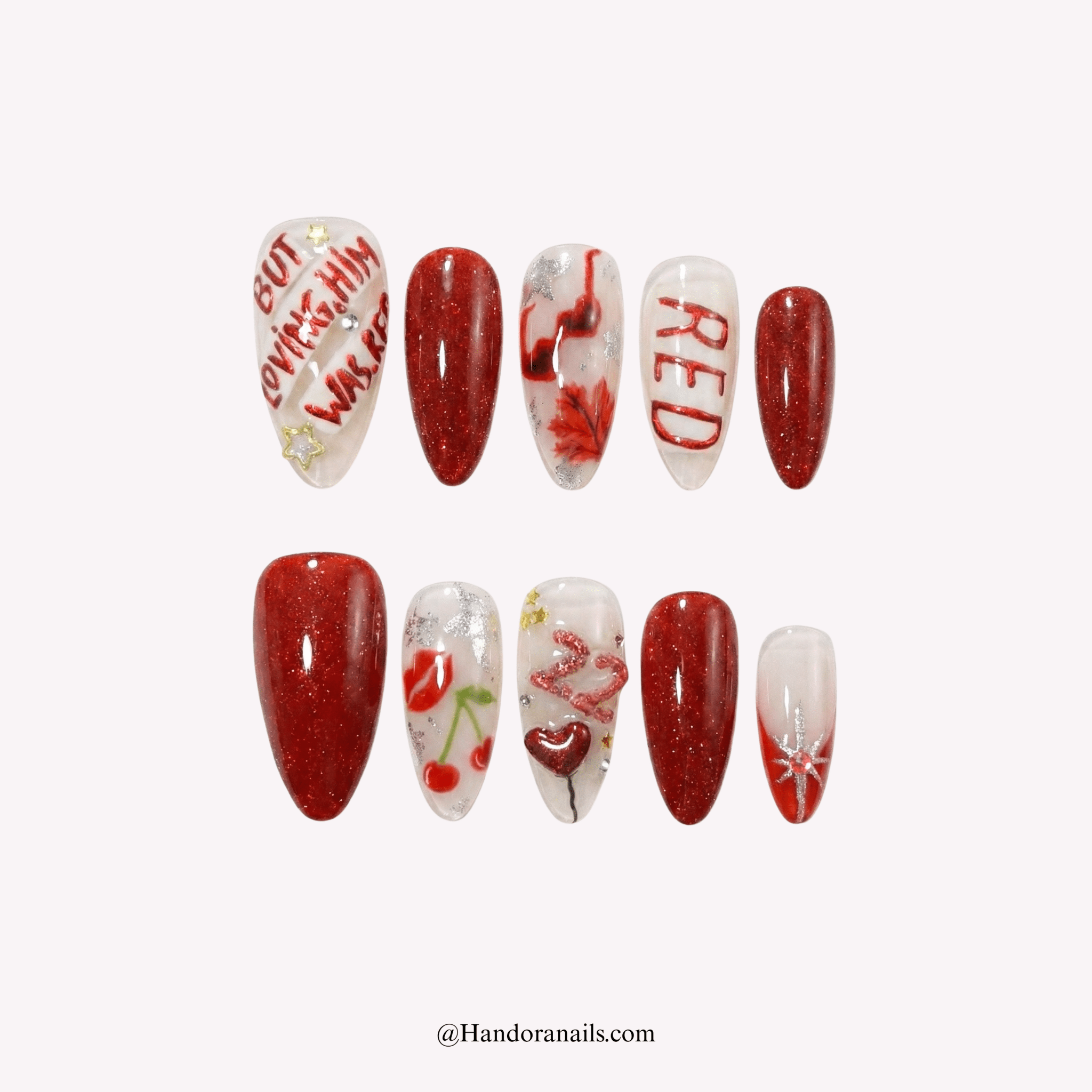 Autumn Leaves - Handora Nails - almond nailsburgundy nailscoquette nails