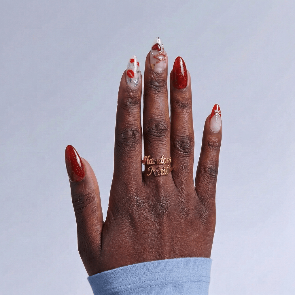 Autumn Leaves press-on nails worn on hand – almond shape by Handora