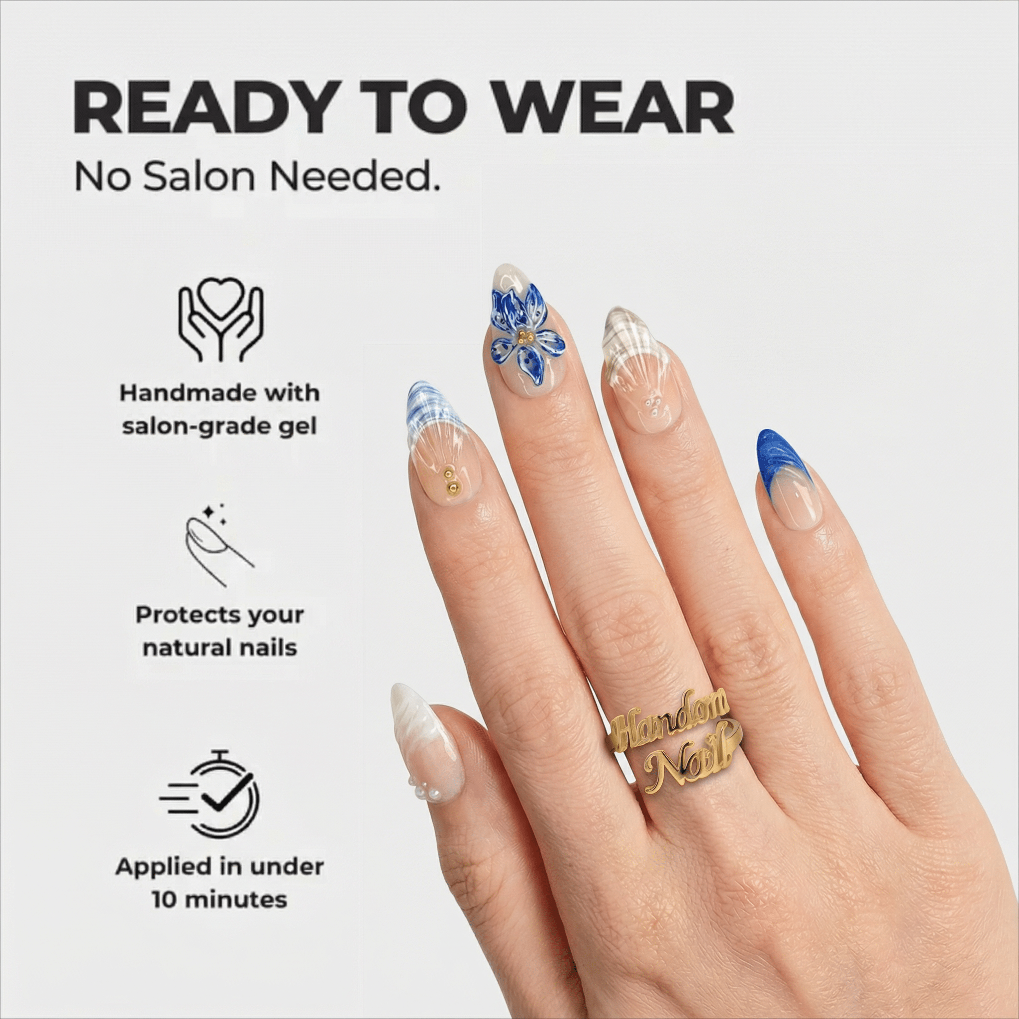 Azure Bloom press-on nails – design close-up by Handora