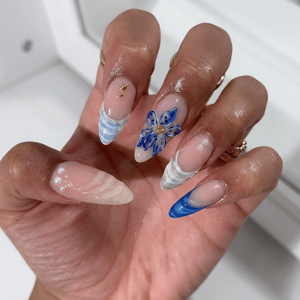 Azure Bloom press-on nails – hand-painted reusable gel set by Handora