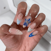 Azure Bloom press-on nails – hand-painted reusable gel set by Handora