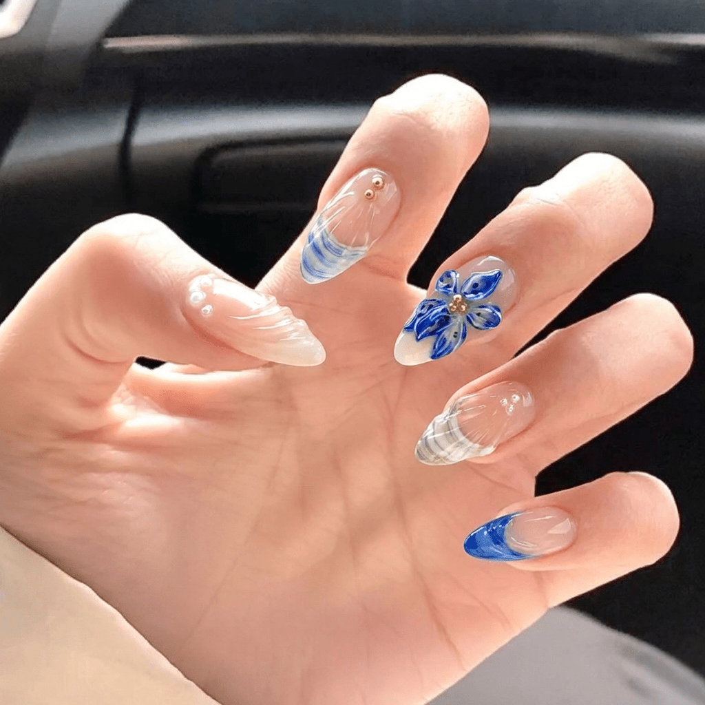 Azure Bloom floral nail design – handmade press-on nails by Handora
