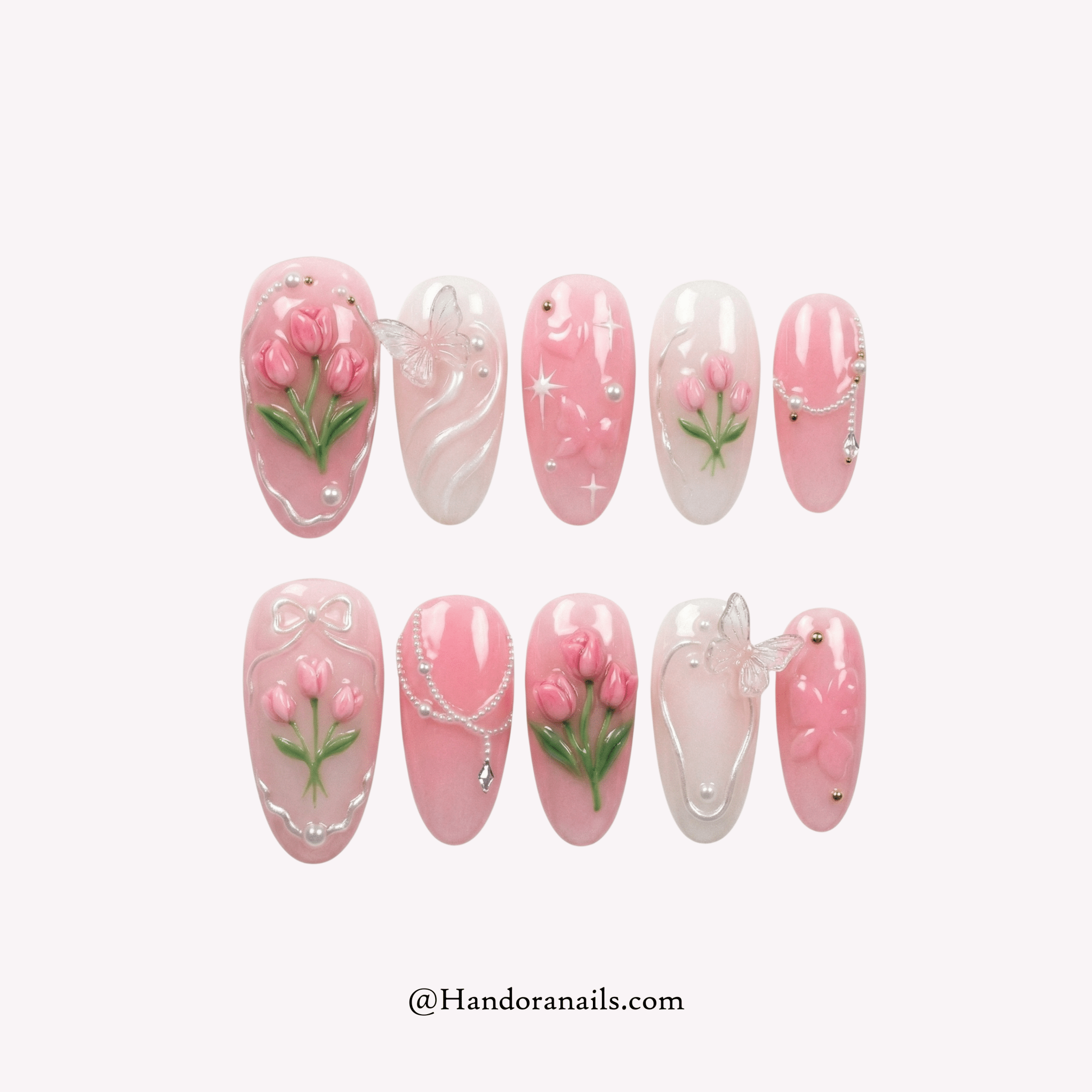 Azure Blossom floral nail design – handmade press-on nails by Handora