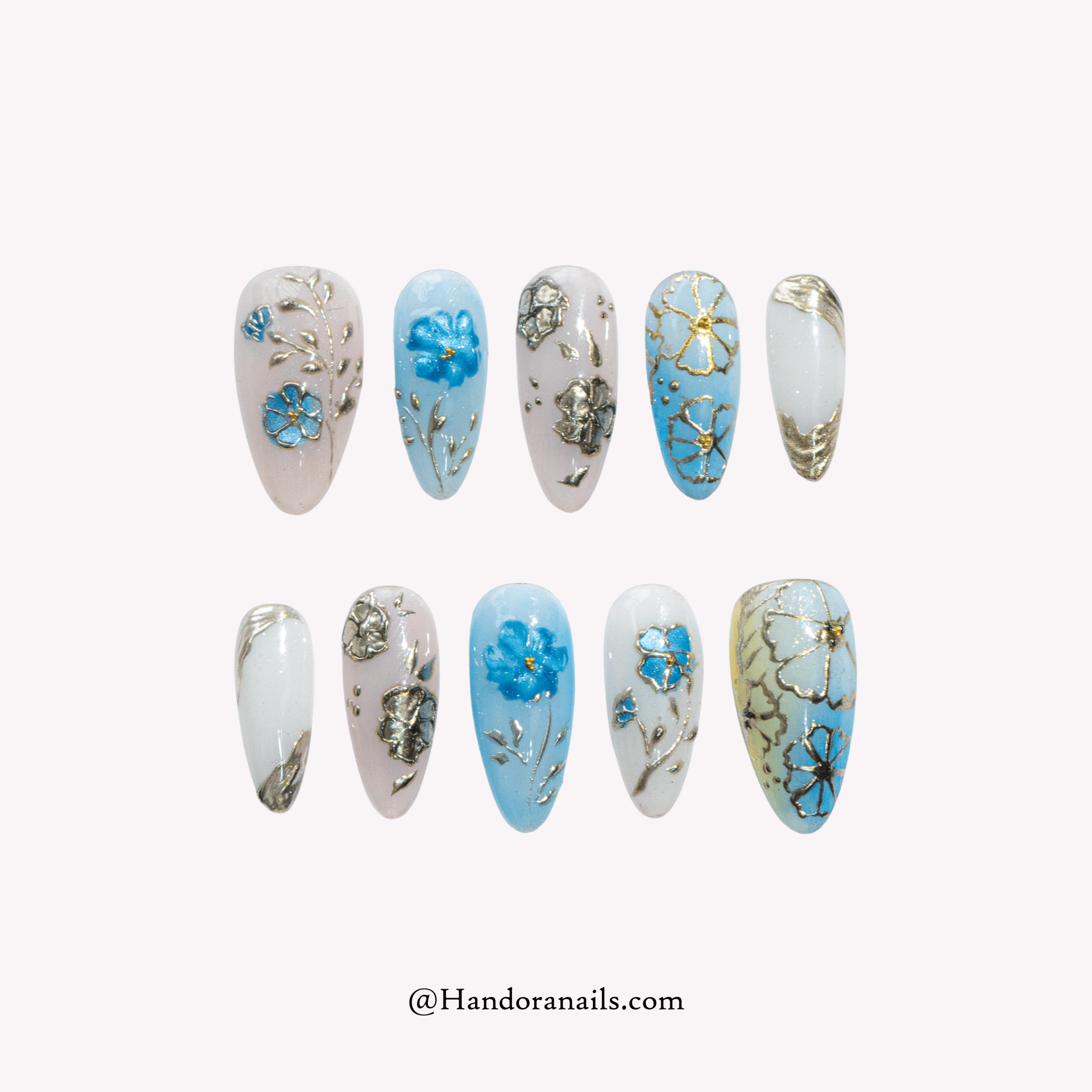 Azure Cosmo blue floral press-on nails by Handora