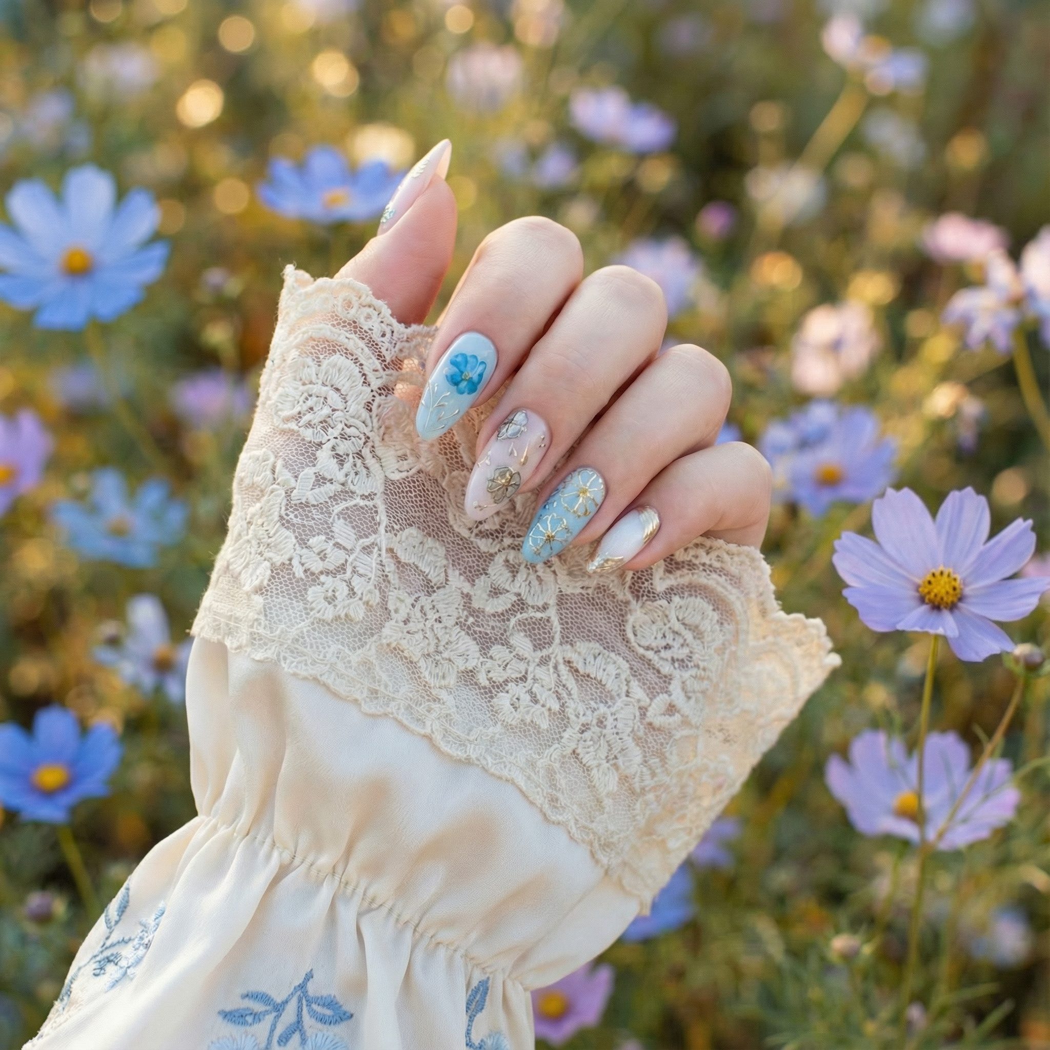 Azure Cosmo Luxury Floral Press On Nails - Reusable 3D Gold Handora Nails