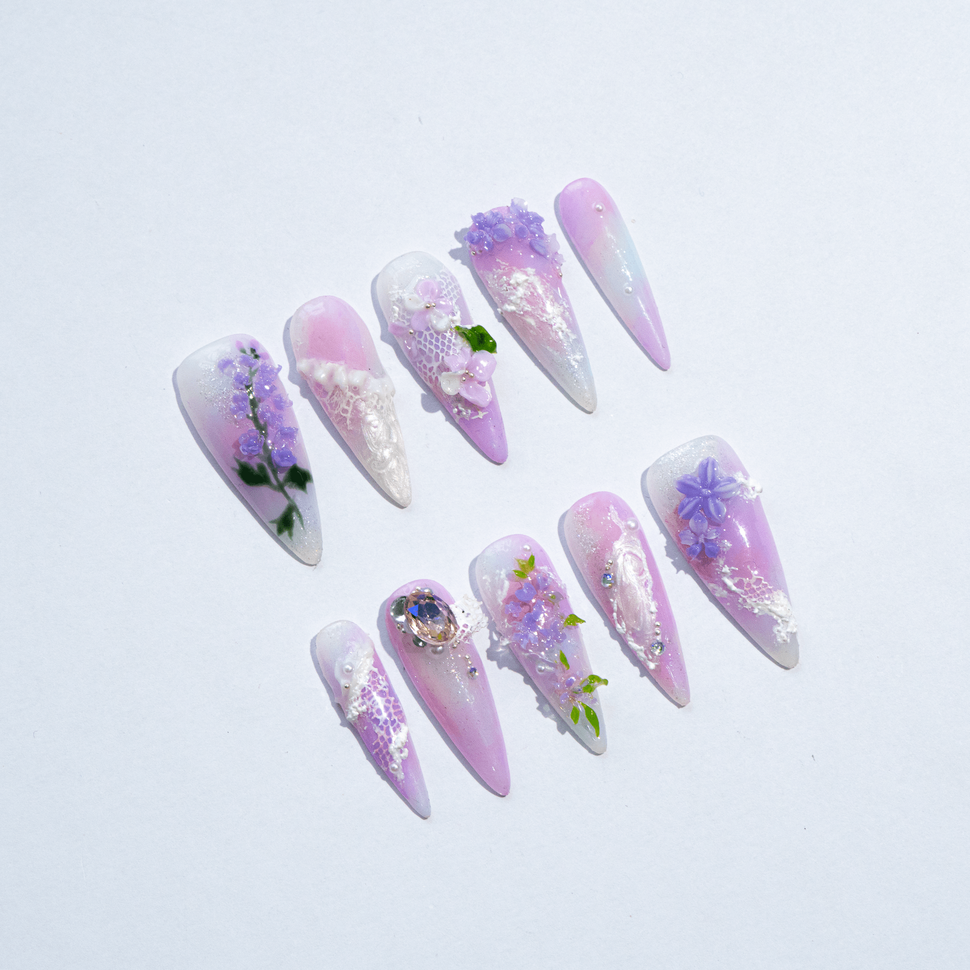 Azure Delphinium press-on nails – design close-up by Handora
