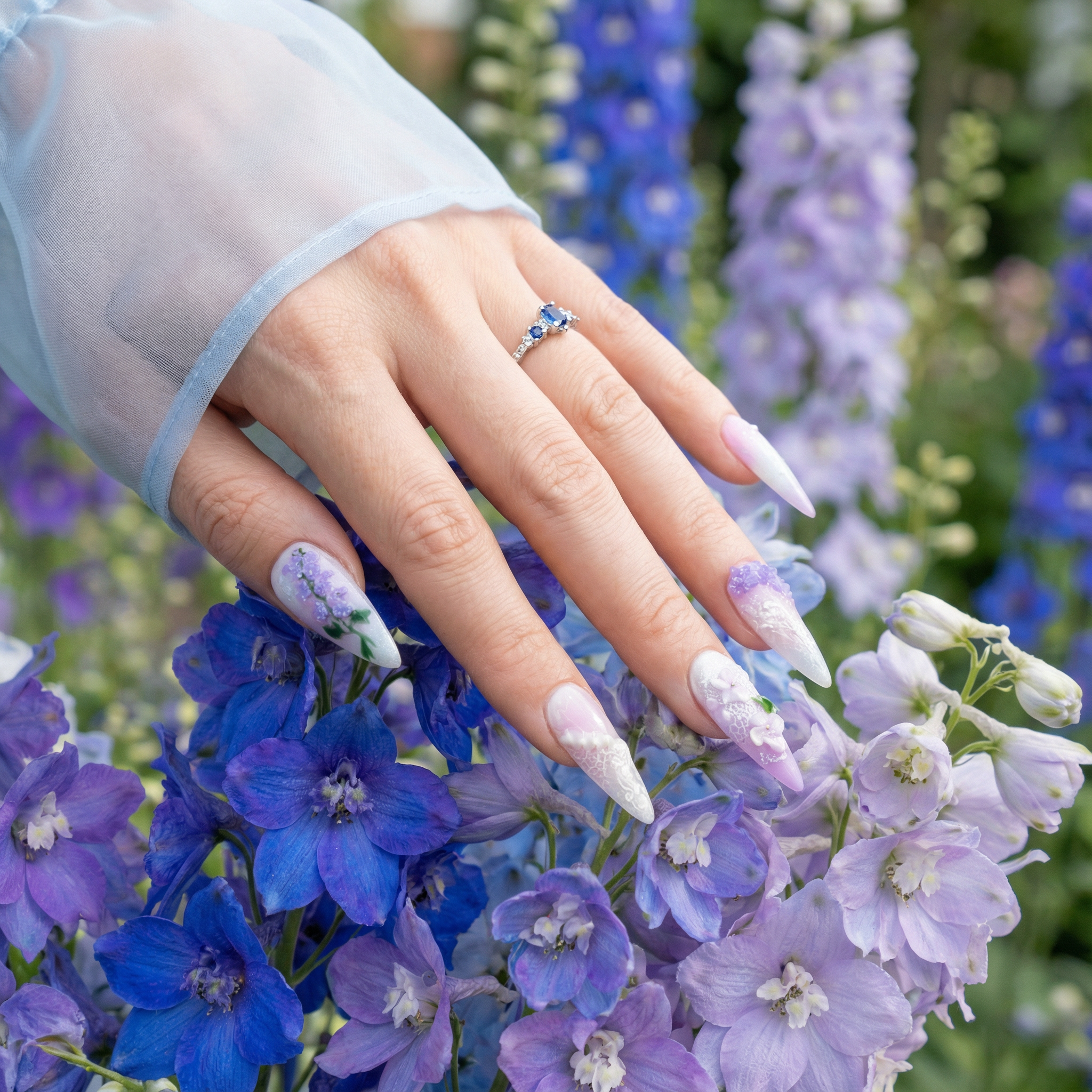 Azure Delphinium press-on nails – hand-painted reusable gel set by Handora