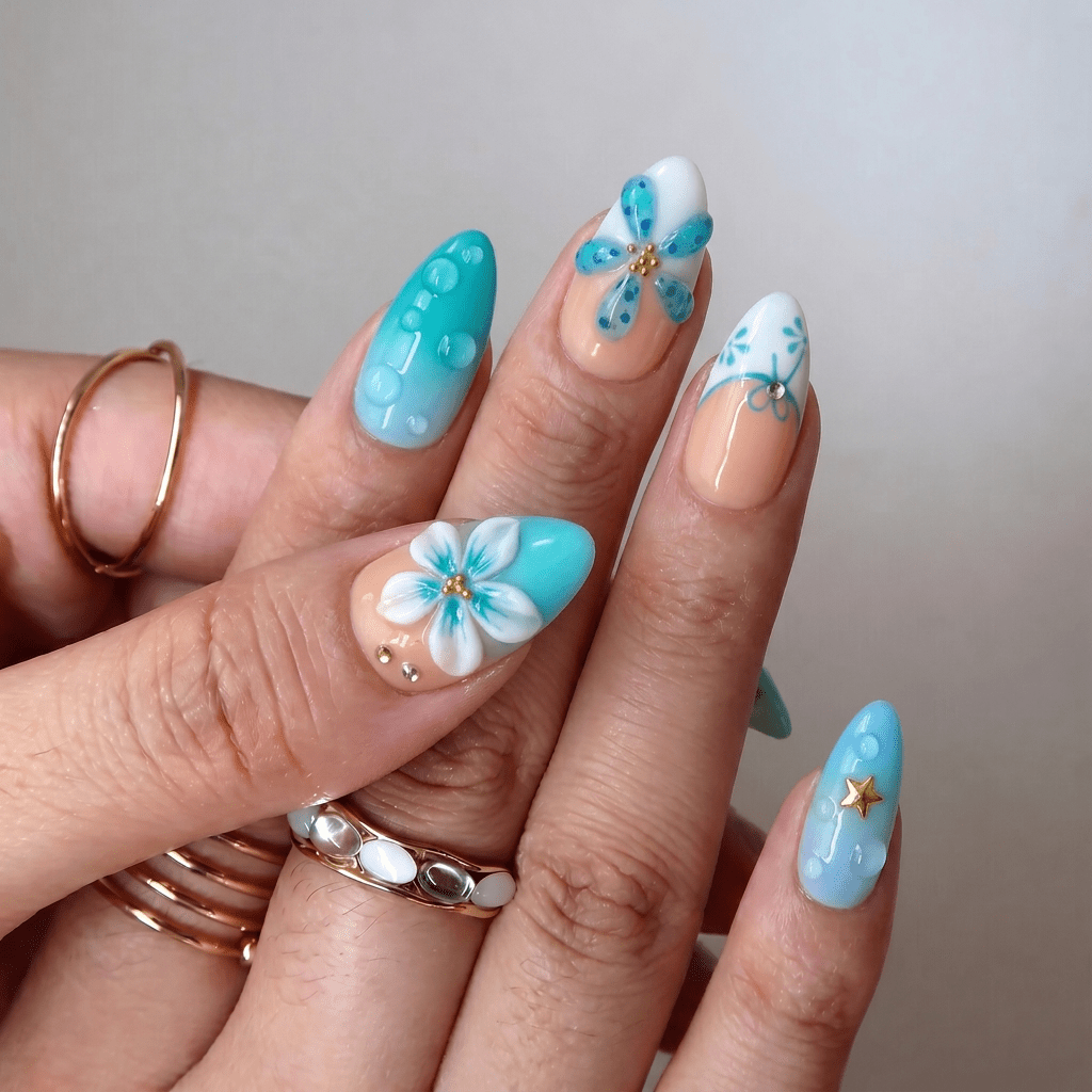 Azure Dewdrop nail design – handmade press-on nails by Handora