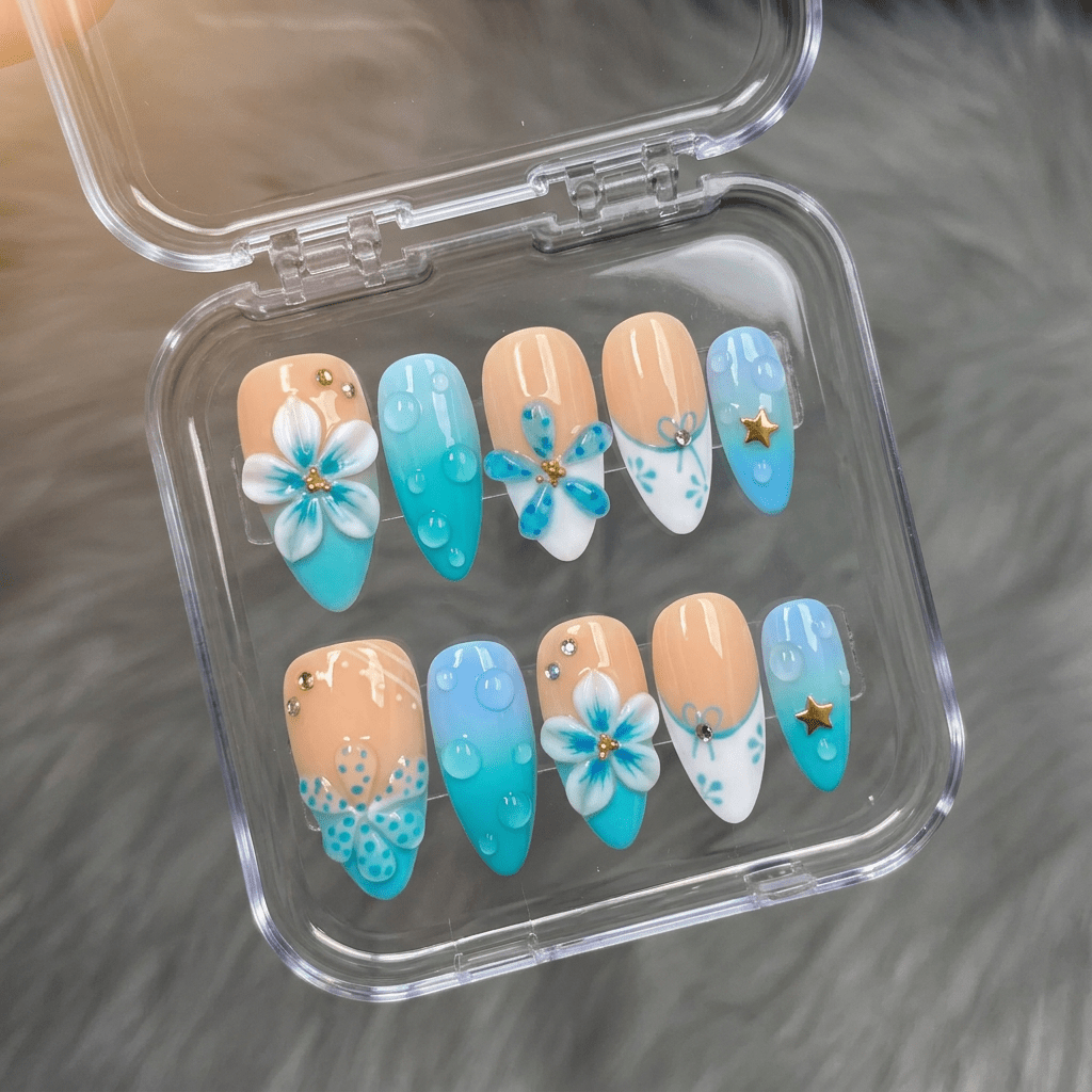 Azure Dewdrop blue press-on nails by Handora